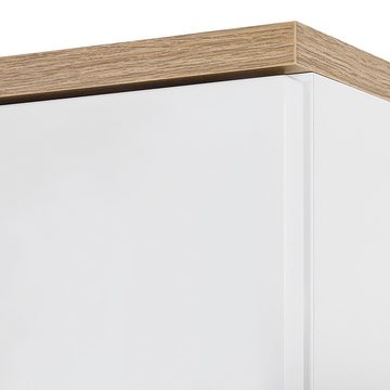 Lomadox Hochschrank SOLNA-56 Badezimmer Hochglanz weiß mit Wotaneiche, BxHxT ca. 35x187x33cm