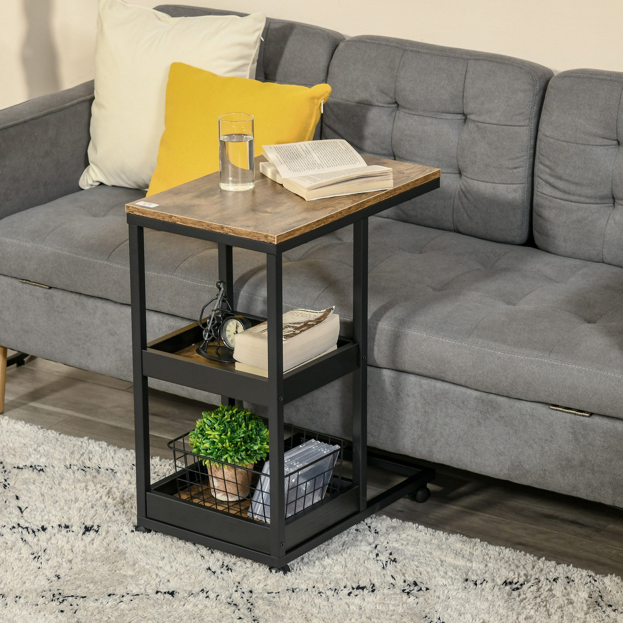 HOMCOM Beistelltisch Couchtisch mit Rollen, Ablage, Industrie-Stil (Couchtisch, 1-St., Kaffeetisch), für Wohnzimmer, Schlafzimmer, Dunkelbraun, 51 x 33 x 66 cm