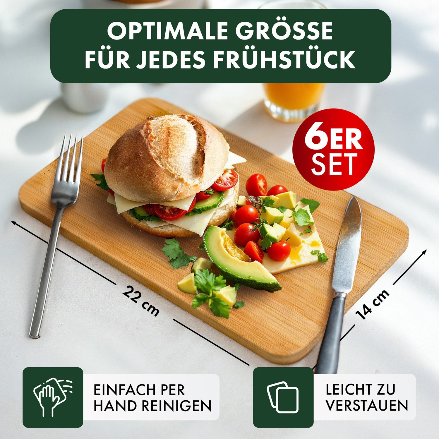 Blumtal Schneidebrett Frühstücksbrettchen 6er Set aus Bambus - 22x14x0,8 cm, Frühstücksbretter Holz, antibakterielles Holzbrettchen