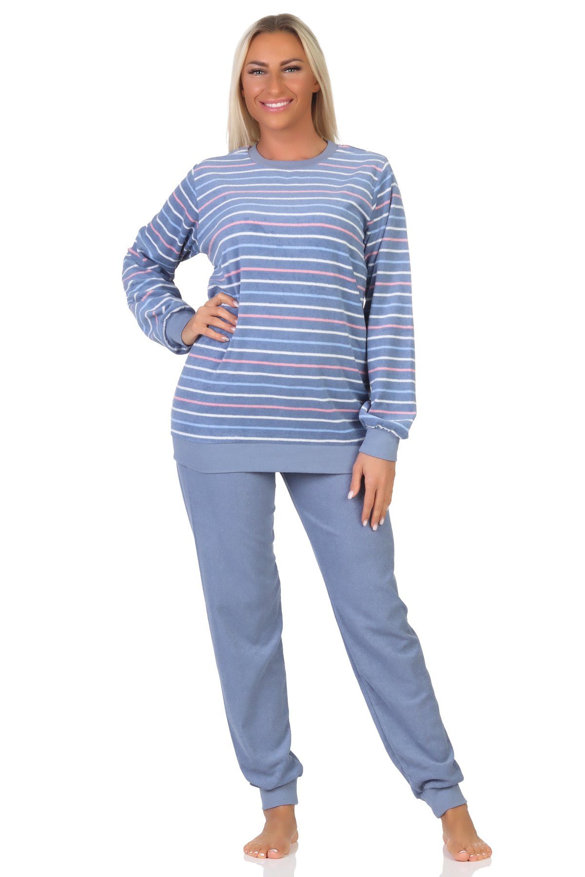Normann Pyjama Normann Damen langarm Frottee Schlafanzug mit Bündchen gestreift blau