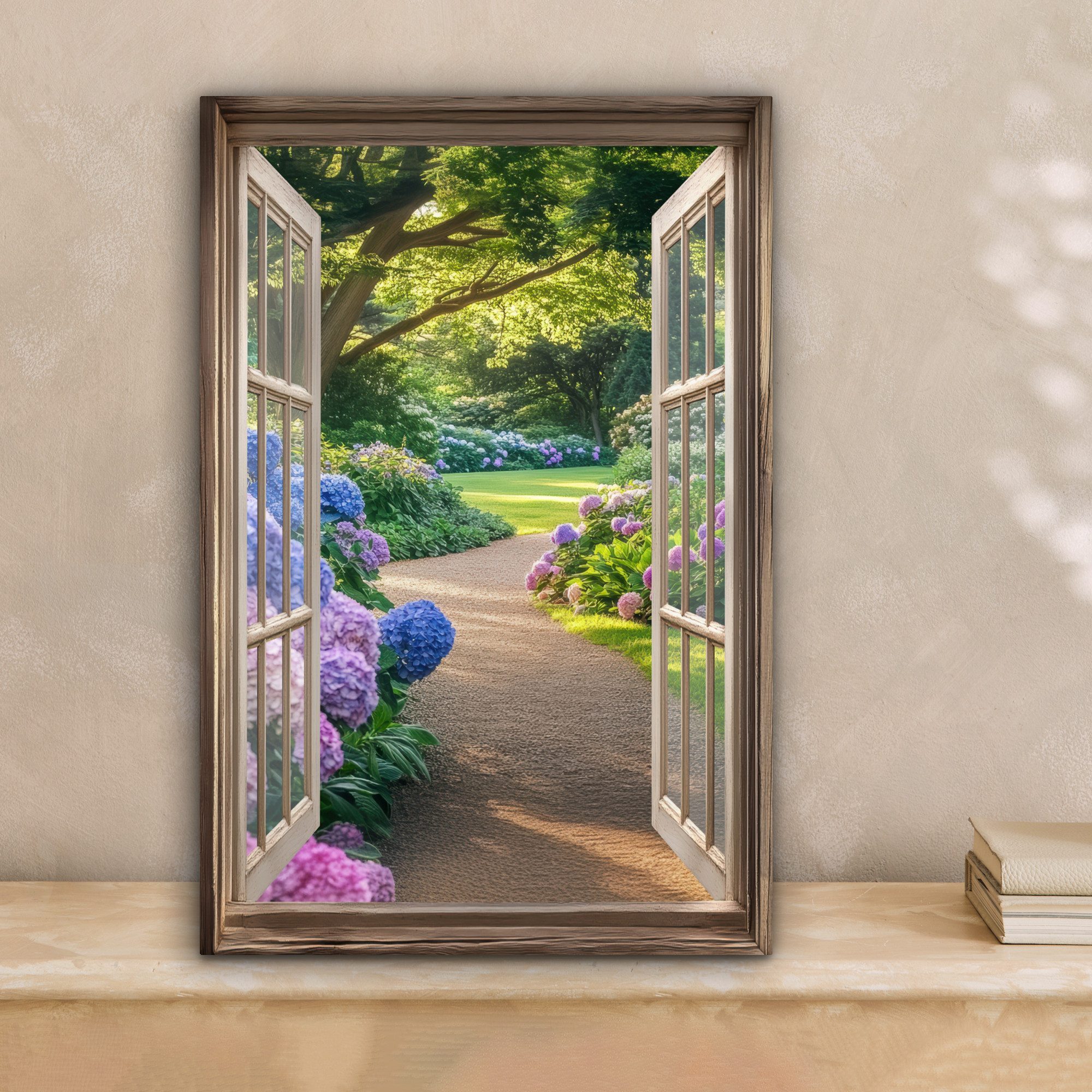 OneMillionCanvasses® Leinwandbild Aussicht - Garten - Fenster - Hortensie - günstig online kaufen