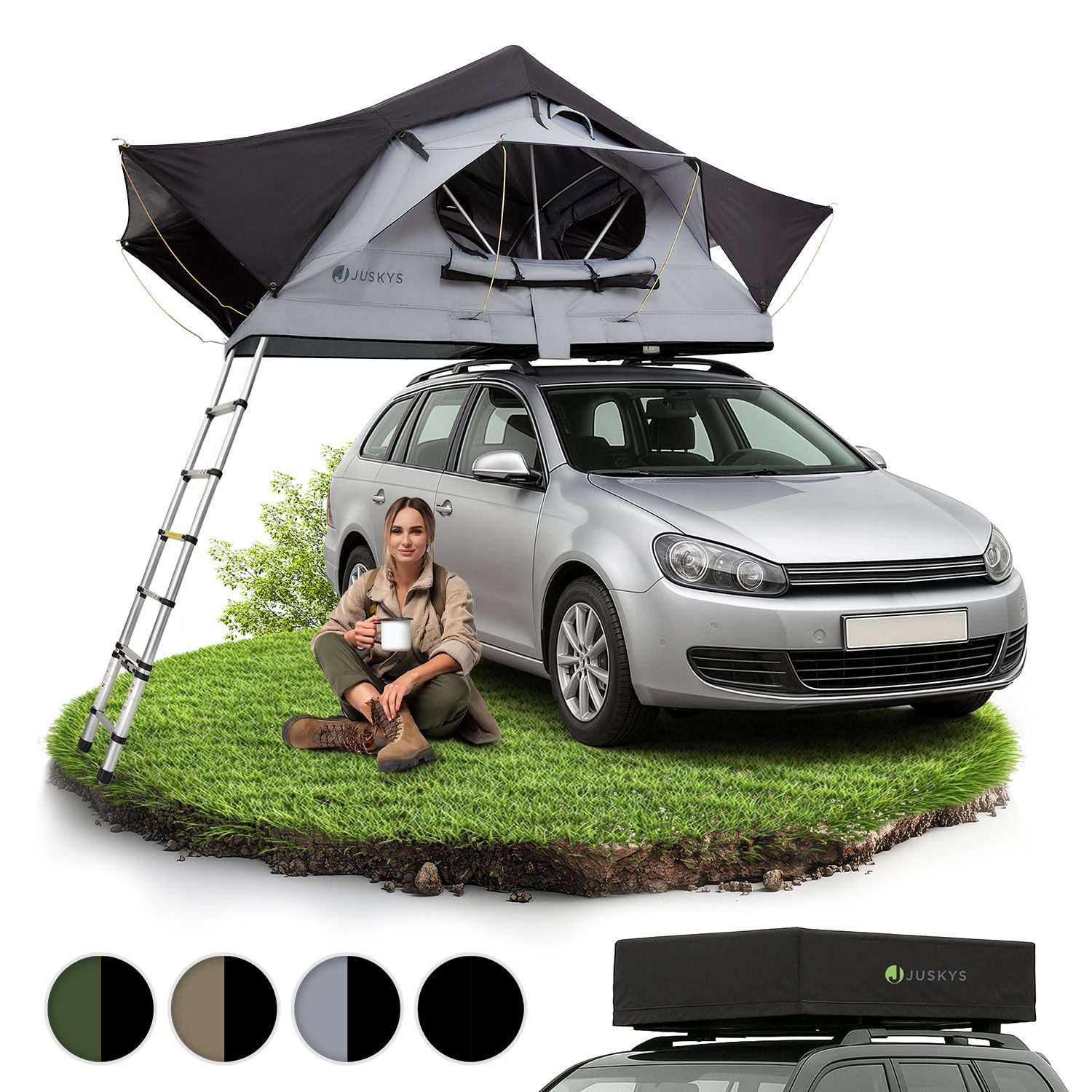 Juskys Dachzelt Lago, Wasserdicht, Teleskopleiter, 2 Personen Zelt, LED Beleuchtung
