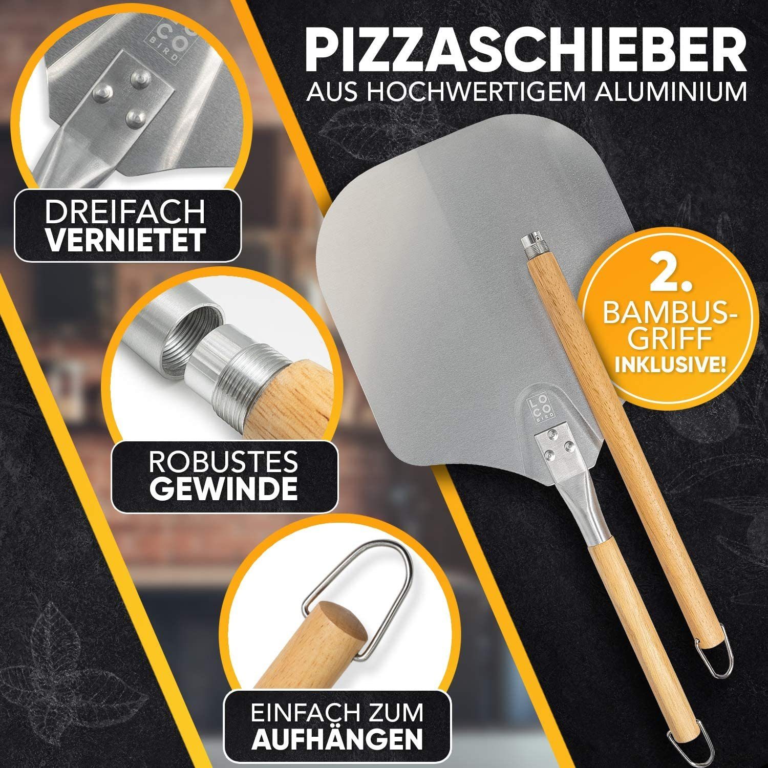 Loco Bird Pizzastein für Backofen & Gasgrill, rechteckig aus Cordierit, Cordierit, (Set, 3-St., inkl. Pizzaschieber und Rezeptbuch), für eine Pizza wie in Italien: authentischer Geschmack für Zuhause