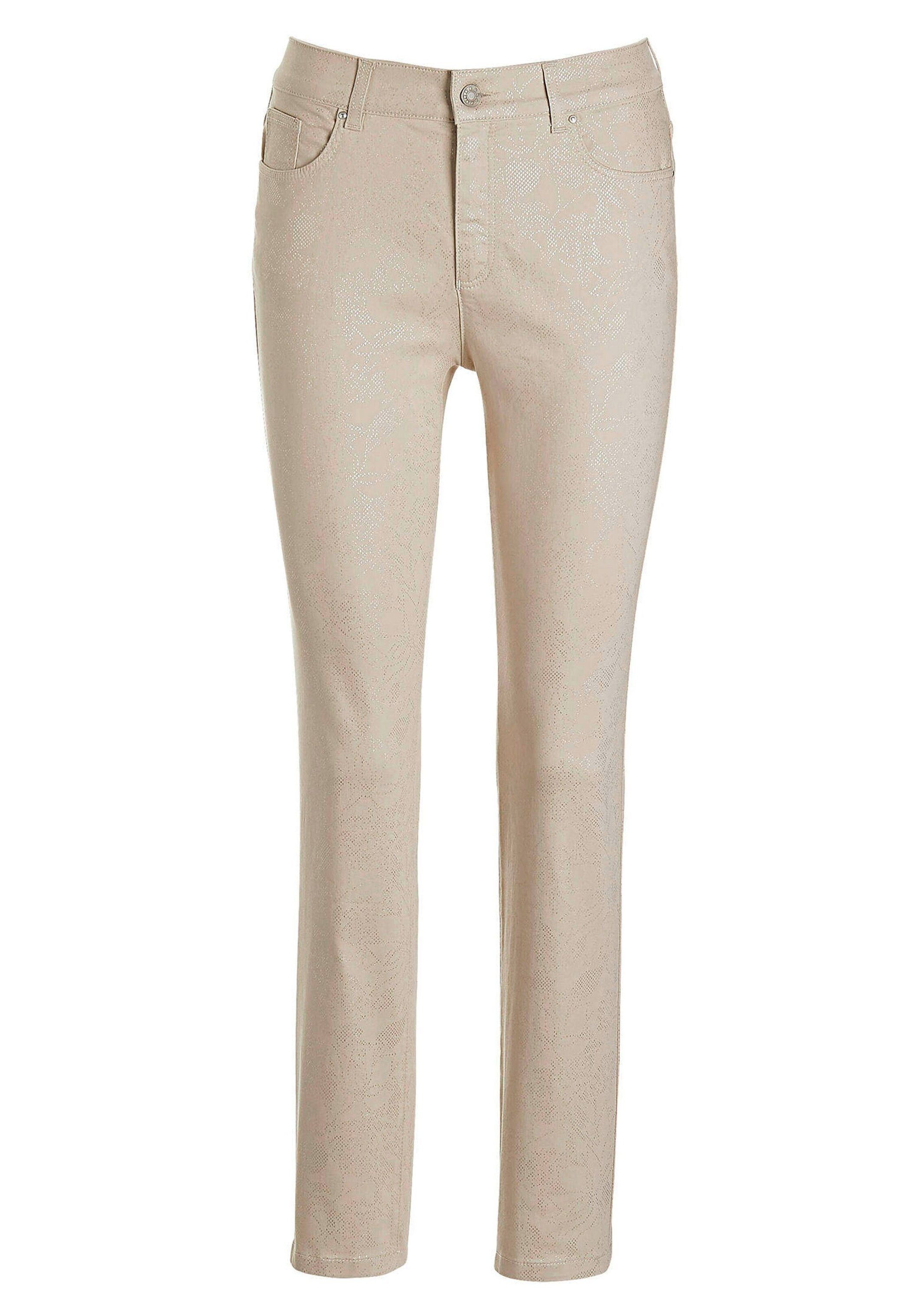 GOLDNER Stoffhose Knöchellange Jeans CARLA in Braun Slim Fit Jeans, Blumenmuster, Formbund, elastisch, bequem
