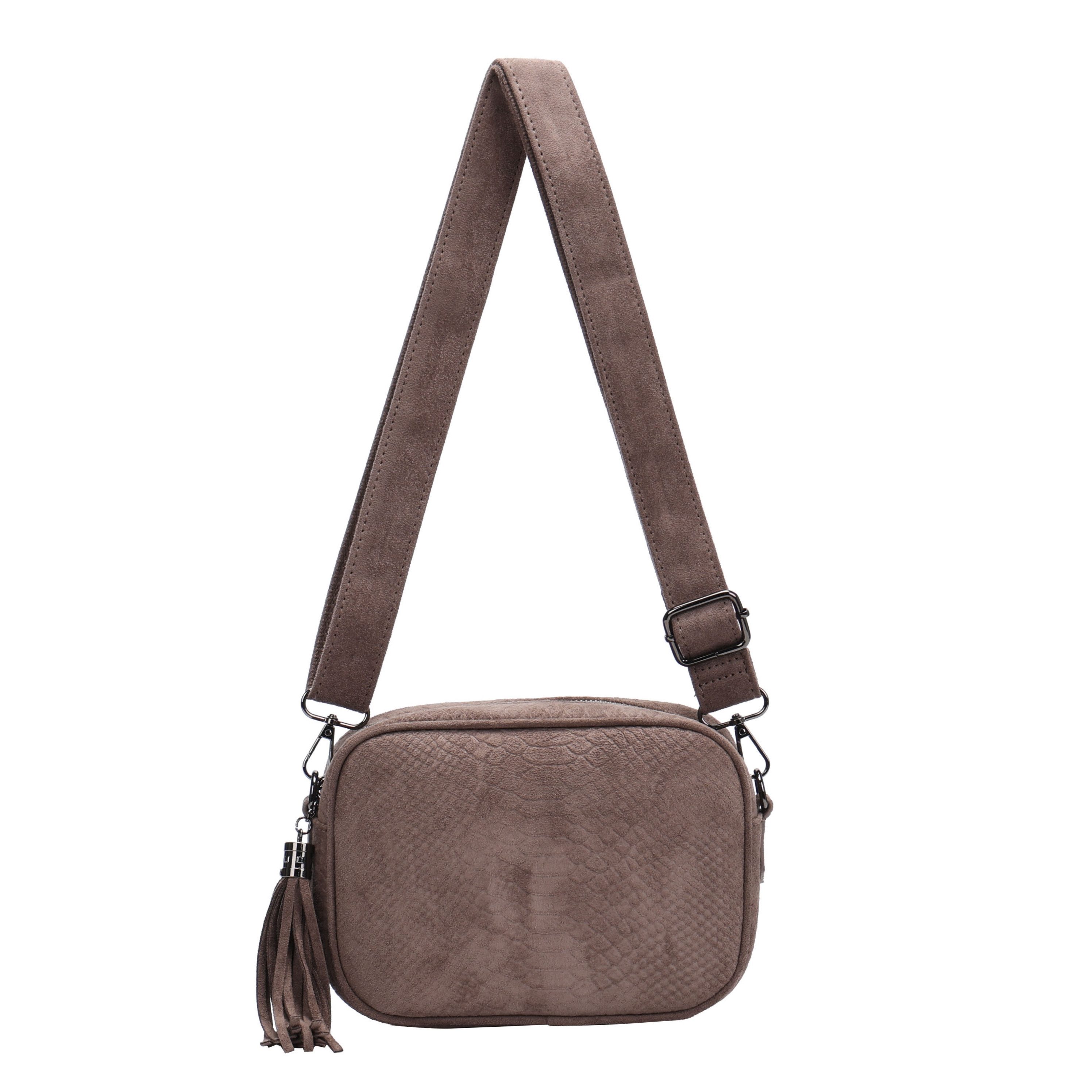 MIRROSI Umhängetasche Damen Schultertasche in Wildleder-Optik aus Stoff (Neue Kollektion Herbst/Winter 2026, ca. 22x7x16 cm), mit Reptil-Prägung, Quaste & verstellbarem Riemen