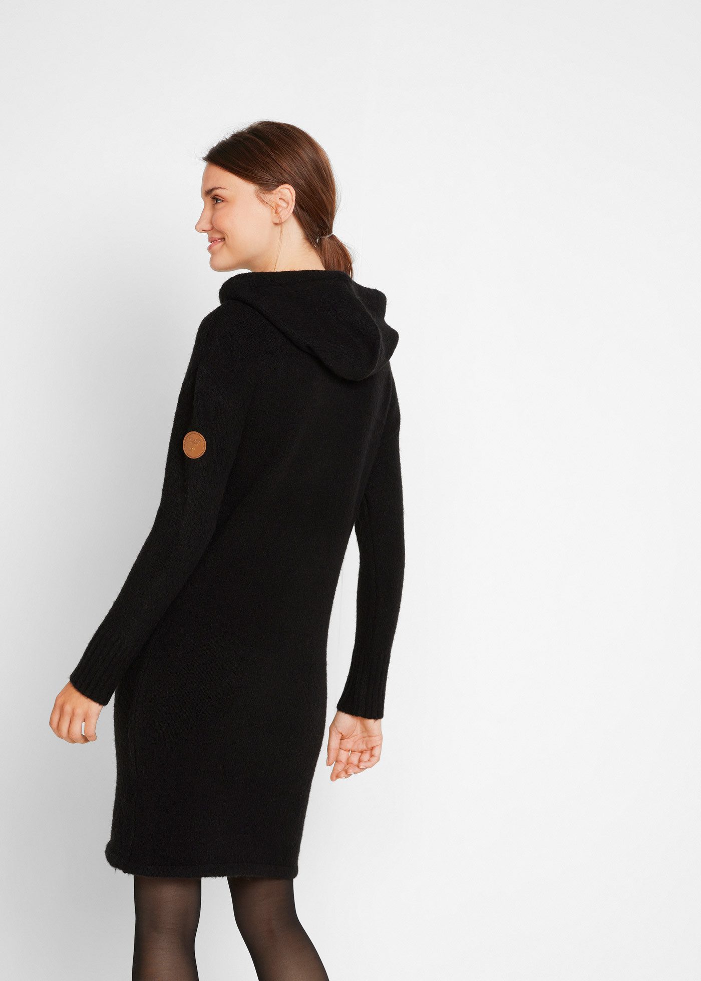 bonprix Strickkleid mit Kapuze und Bindebändern, Ballonform, mit langem Arm günstig online kaufen
