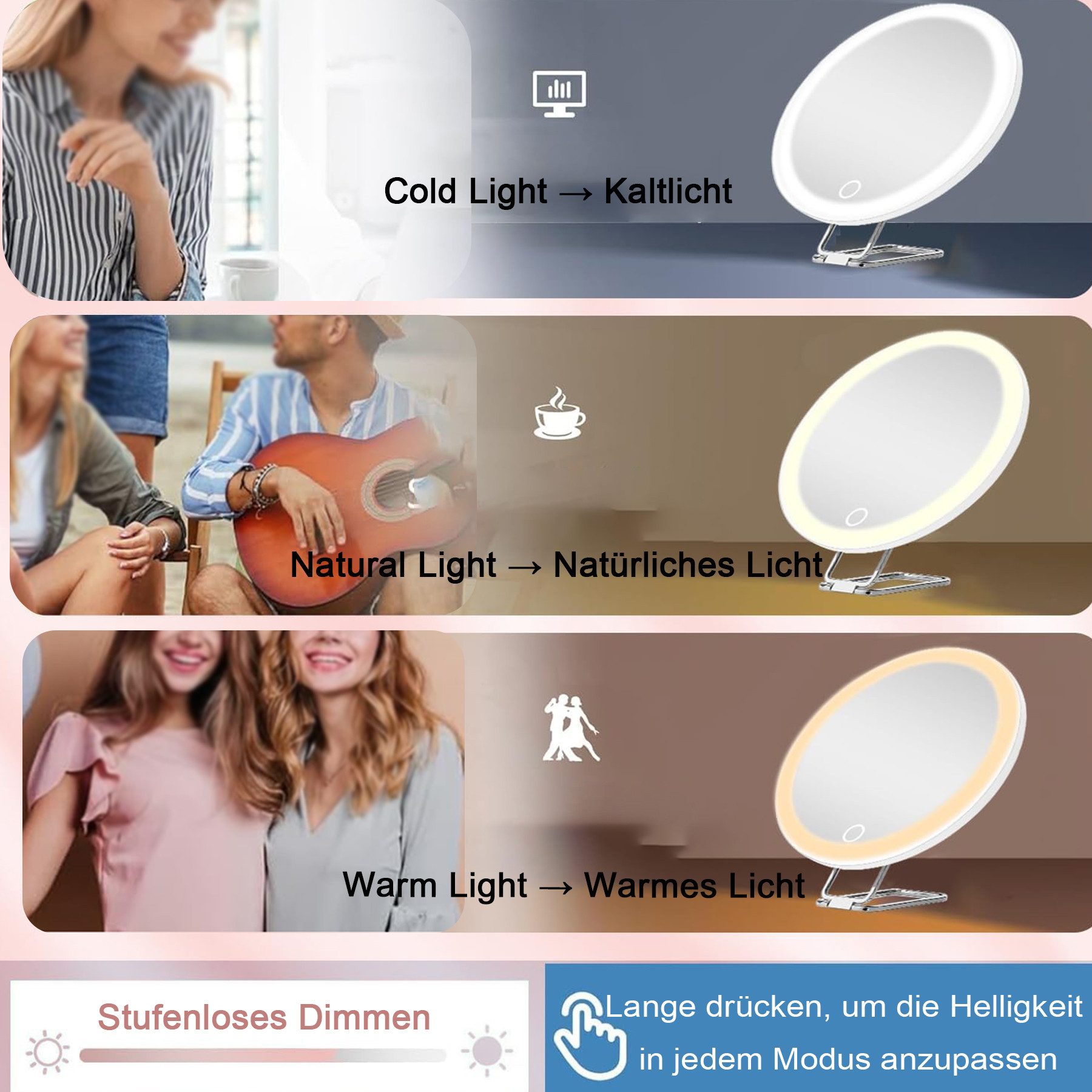 Senmudi Kosmetikspiegel Kosmetikspiegel Vergrößerungsspiegel mit Licht 3 Farbe Modi (Dimmen beleuchtete Make-up-Spiegel mit 10X Vergrößerung, große wiederaufladbare Reise, vergrößerte Spiegel, 3 Saugnäpfen), 360 ° Tisch Stand für Schminken Makeup Gesichtspflege und Reisen