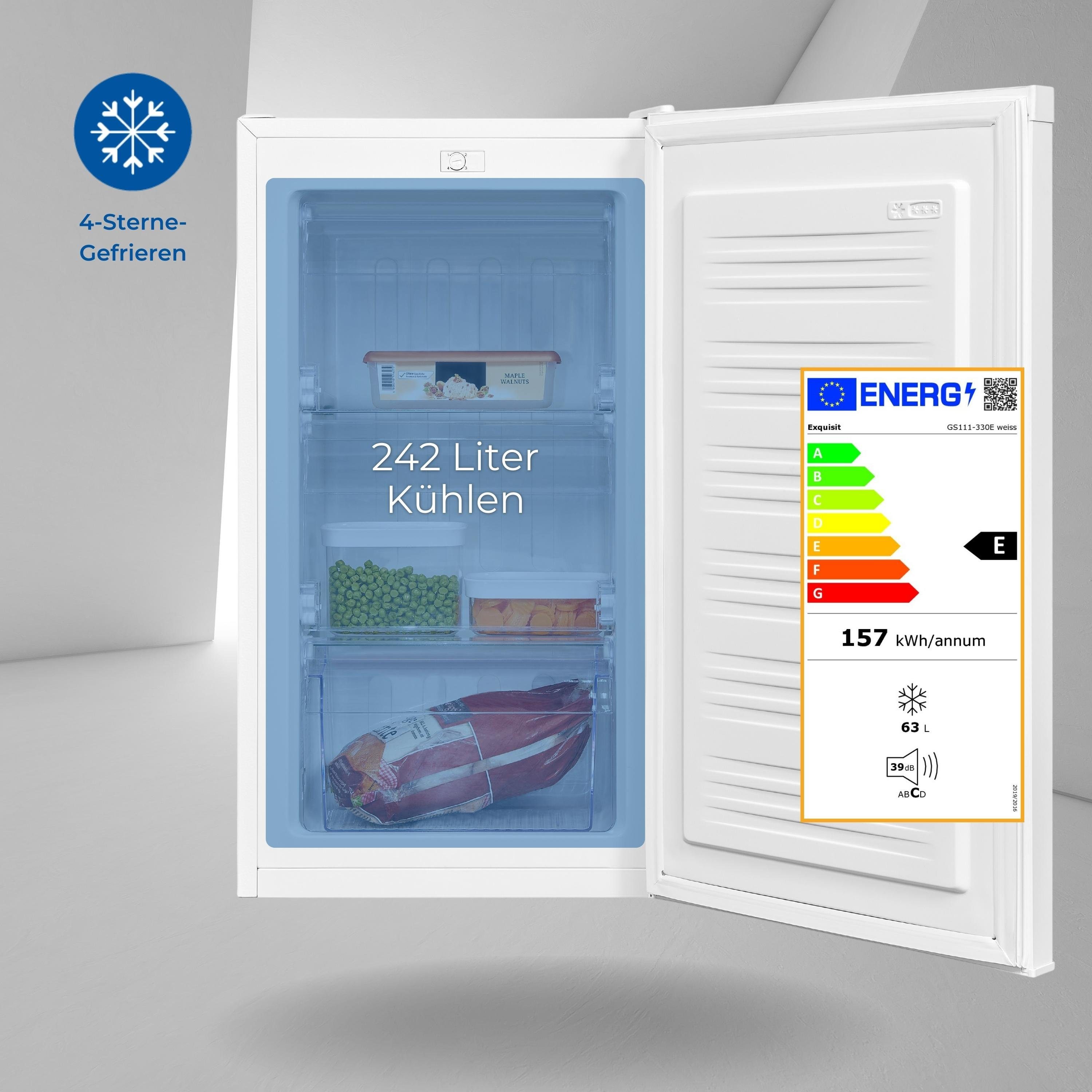 exquisit Gefrierschrank GS111-330E weiss, 82.5 cm hoch, 45.3 cm breit, 4*-Gefrieren, stufenlose Temperaturregelung, 63 Liter Nutzinhalt