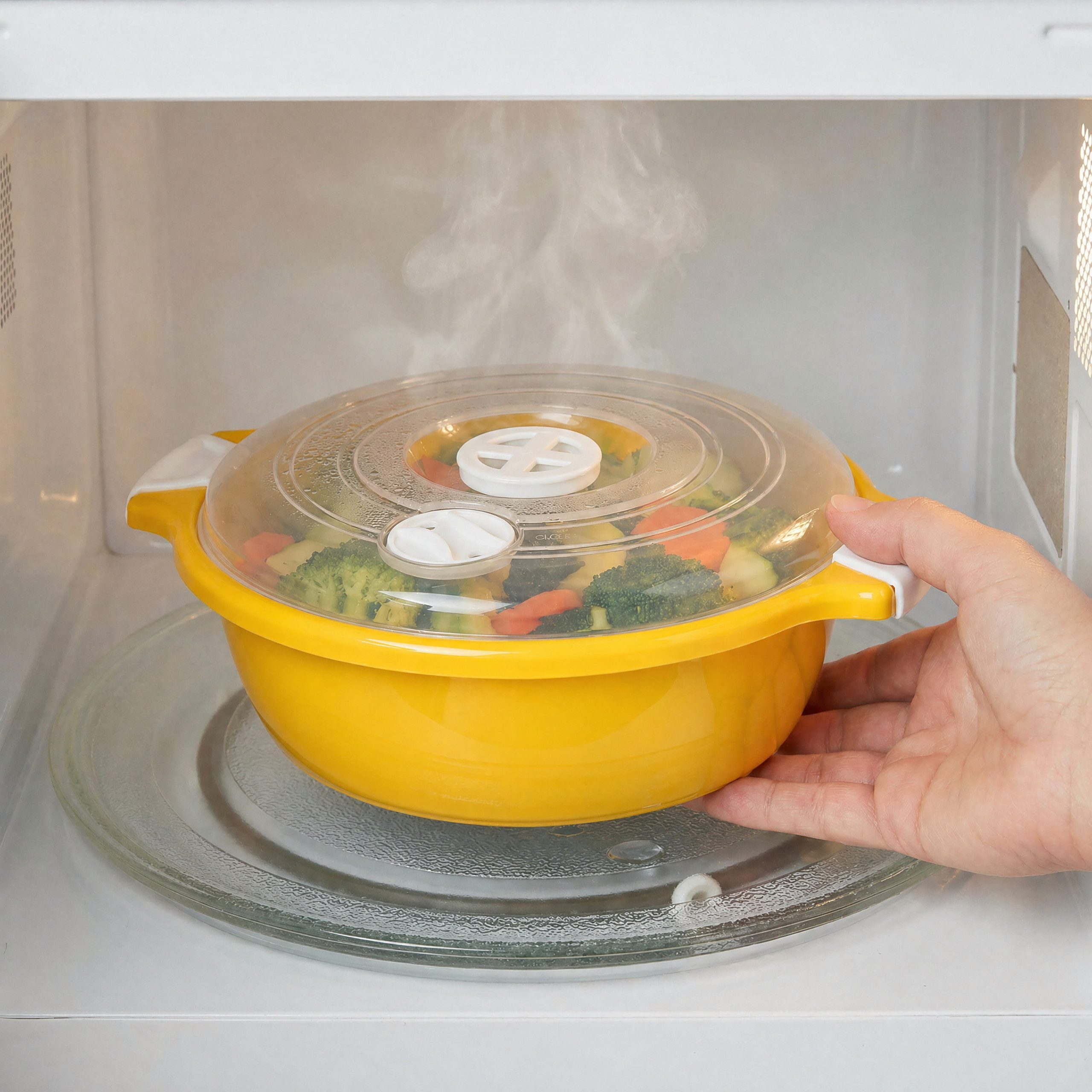 Lantelme Mikrowellenbehälter Mikrowellenschüssel 1,8 Liter gelb stapelbar, Kunststoff, (1-tlg., Für Mikrowelle, Gefrier- und Kühlschrank, Picknick), Schüssel Dampfventil, Spülmaschinengeeignet, Deutsche Herstellung
