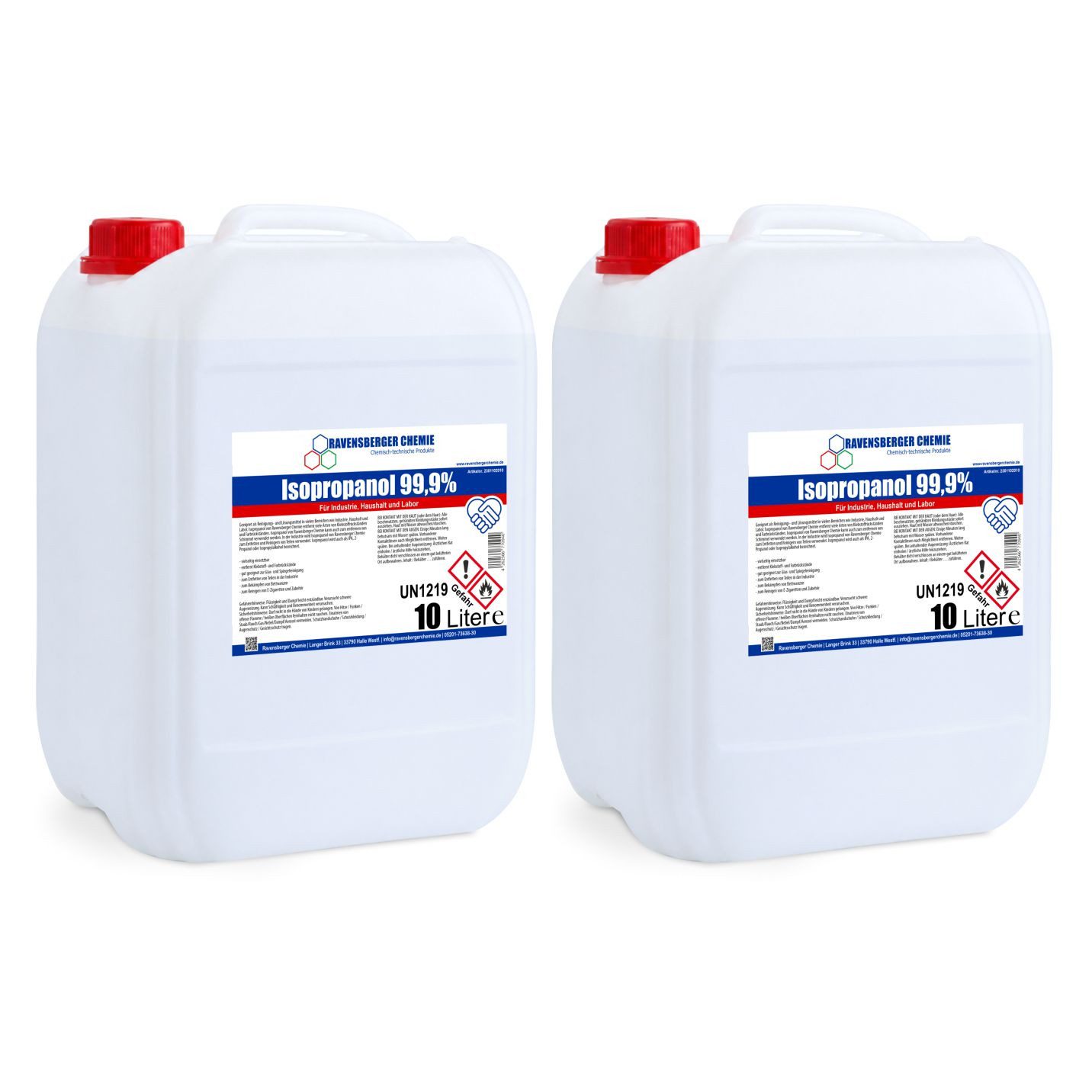 Ravensberger Chemie Isopropanol 99,9% - 10 Liter Reinigungsalkohol (2x 10 Liter Kanister von Ravensberger Chemie Premium IPA 99,9 % – Für Haushalt, Elektronik & Werkstatt)