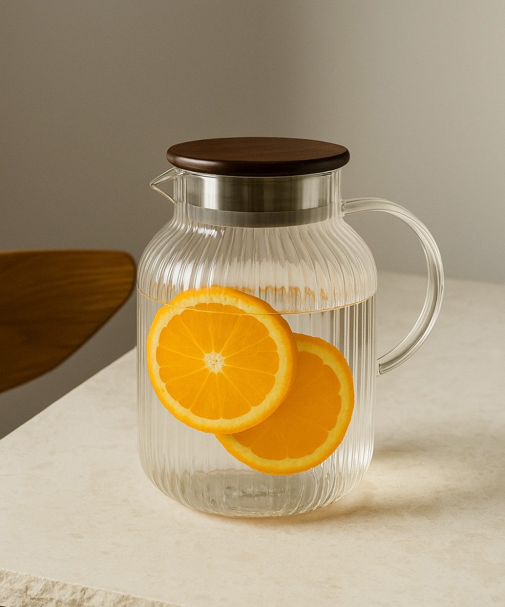 Zoha Wasserkaraffe Relief Glaskaraffe mit Akazienholz-Deckel - Sieb integriert, Borosilikatglas