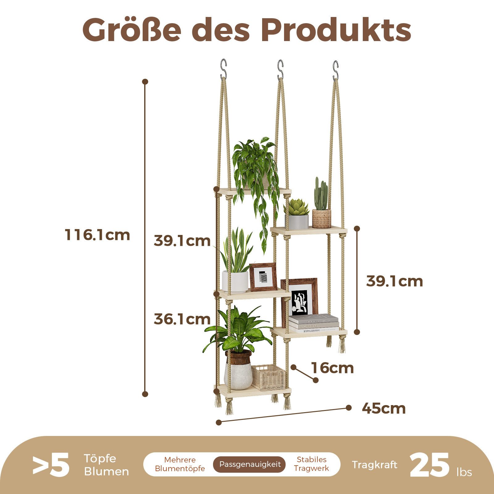 Bamworld Blumenampel Holz Hängepflanzenregal – Fenster & Wand Pflanzensockel, Boho Deko Innen Wohnzimmer & Garten – Stilvolle Pflanzenoase