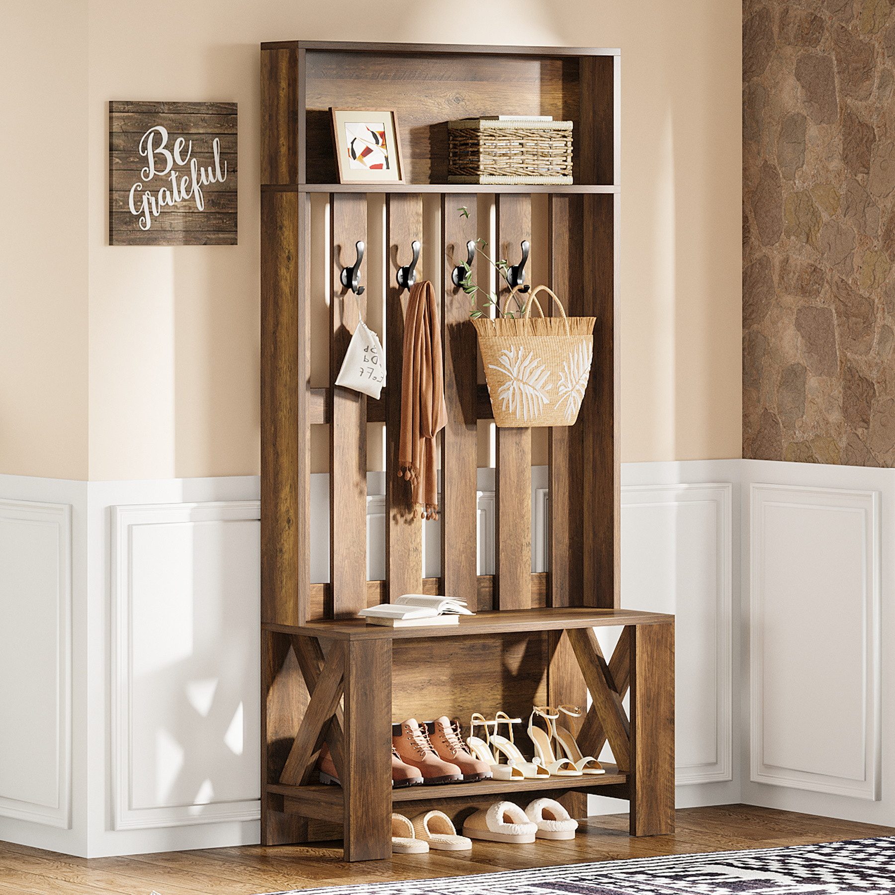 Tribesigns Garderobenständer Flurgarderobe mit Sitzbank und Schuhregal, Garderobenständer mit Haken, (Landhausstil Garderobe, 180 cm Hoch), all Tree mit Stauraum für Eingangsbereich, Diele und Flur