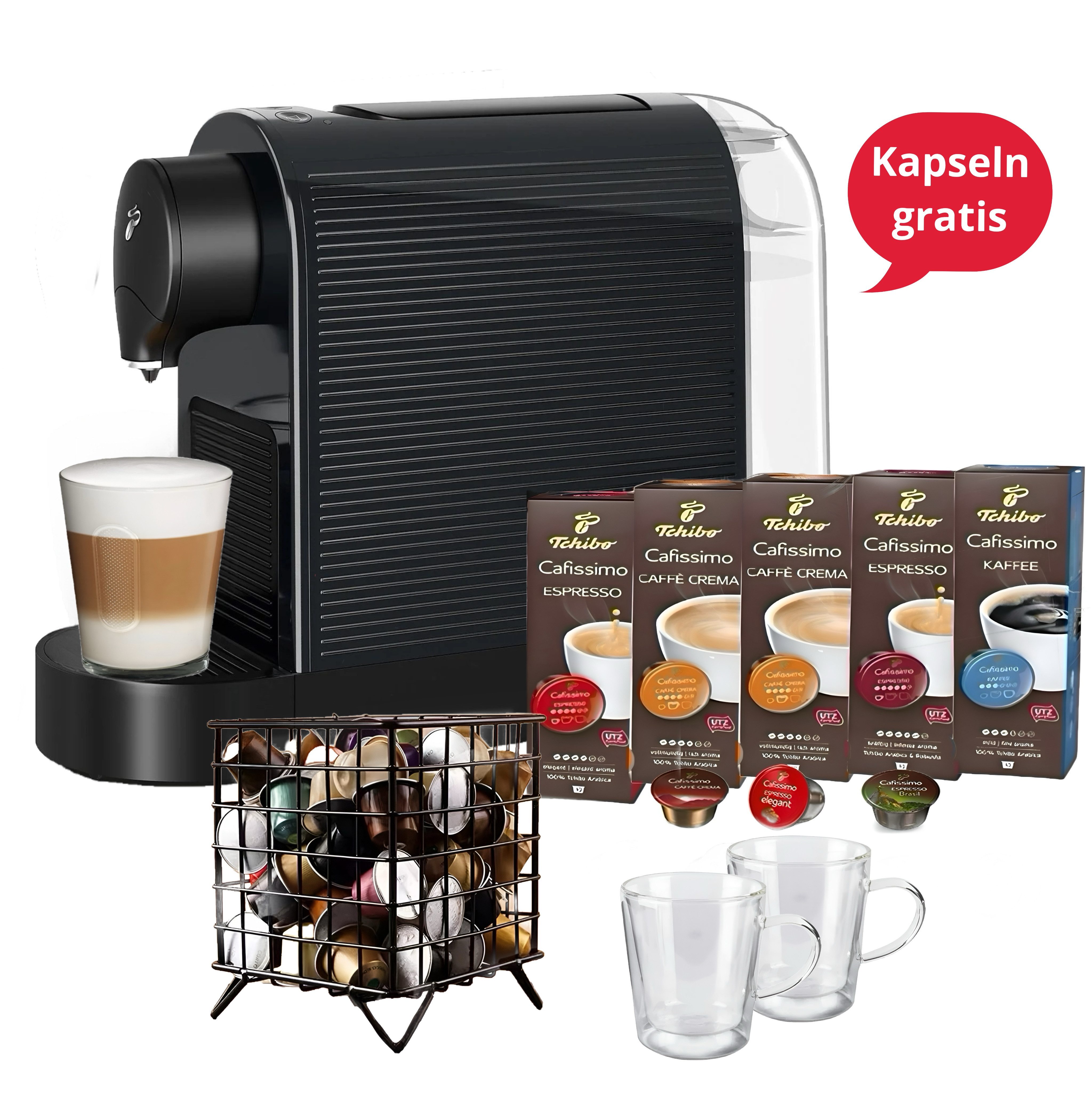 Tchibo Kapsel-/Kaffeepadmaschine CAFISSIMO Kapselmaschine + 50 Kapseln Kapselspender 2 Espresso Gläser, Kaffeevollautomat, Tchibo Maschine, Kapselkaffee, Kaffeemaschine