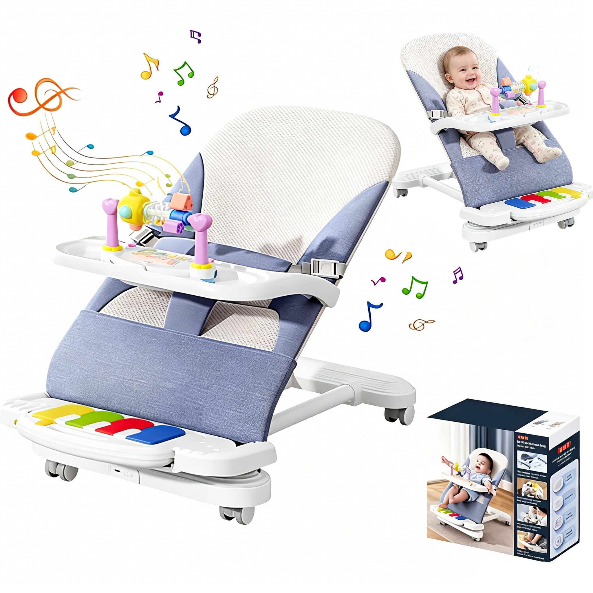 HEYHIPPO Kinderstuhl Babywippe 3-in-1 – mit Klavier, abnehmbarem Tablett, für 4–24 Monate (Packung), Baby-Schaukelwippe 41×81×61 cm, für Füttern & Spielen, max. 30 kg