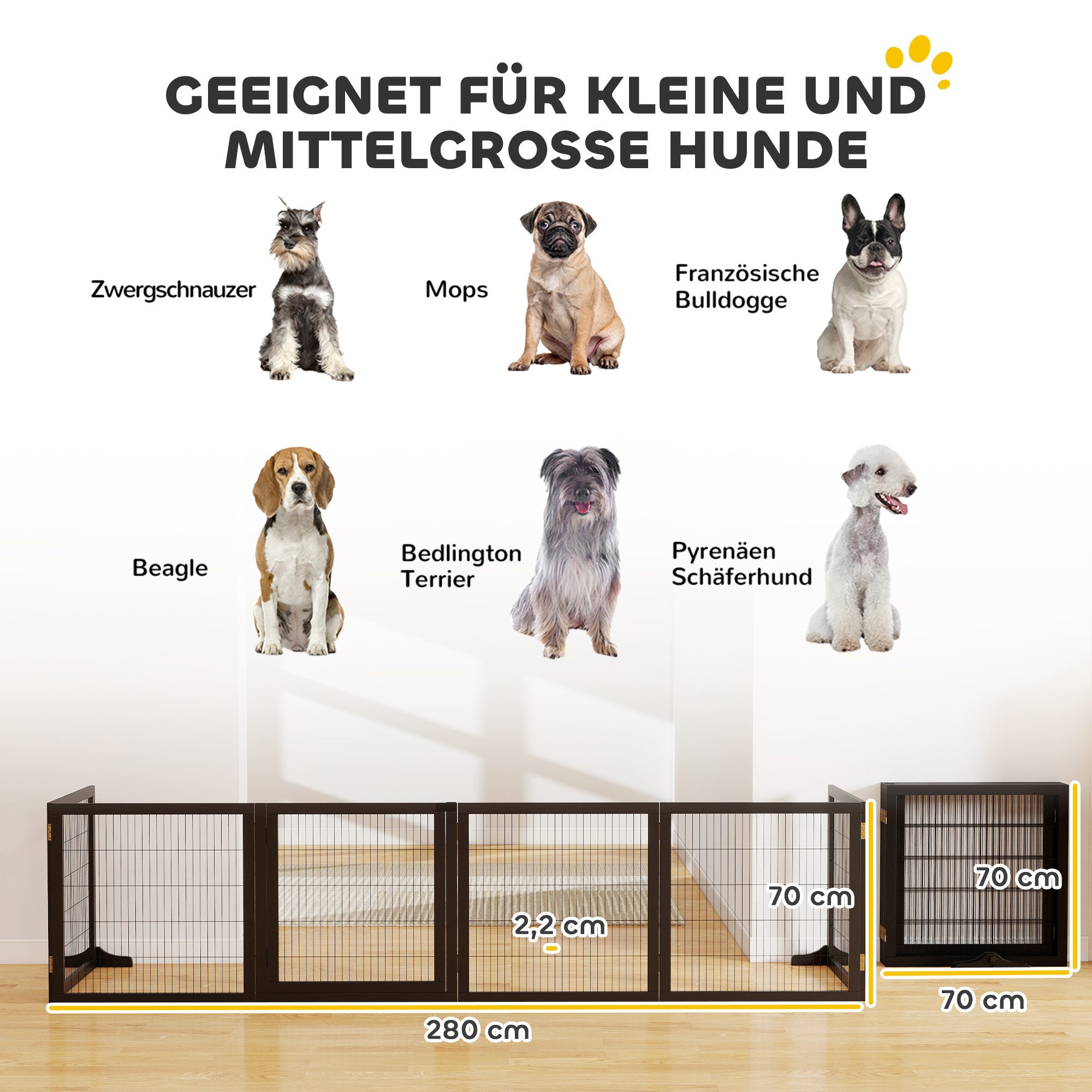 PawHut Hundegitter Freistehendes, mit Füßen, klappbares Treppenschutzgitter für Küche (Absperrgitter für Hund, 1 St., verstellbares Schutzgitter aus Holz), 432 x 70 cm, für Treppen, Türen, Flur, 6 Paneelen, Schwarz