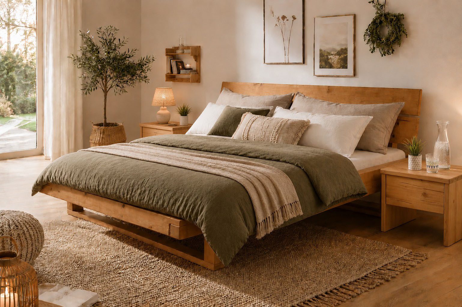 OTTO home Schlafzimmer-Set Ultima, 3-tlg., Bettgestell & 2 Nachttische aus massivem Fichtenholz, (Set, 3-tlg., Liegefläche 180x200cm, Belastbarkeit je Seite bis zu 200kg), Scandi Rustikale Balken-Optik, FSC®-zertifiziert, Pro Seite bis 200 kg