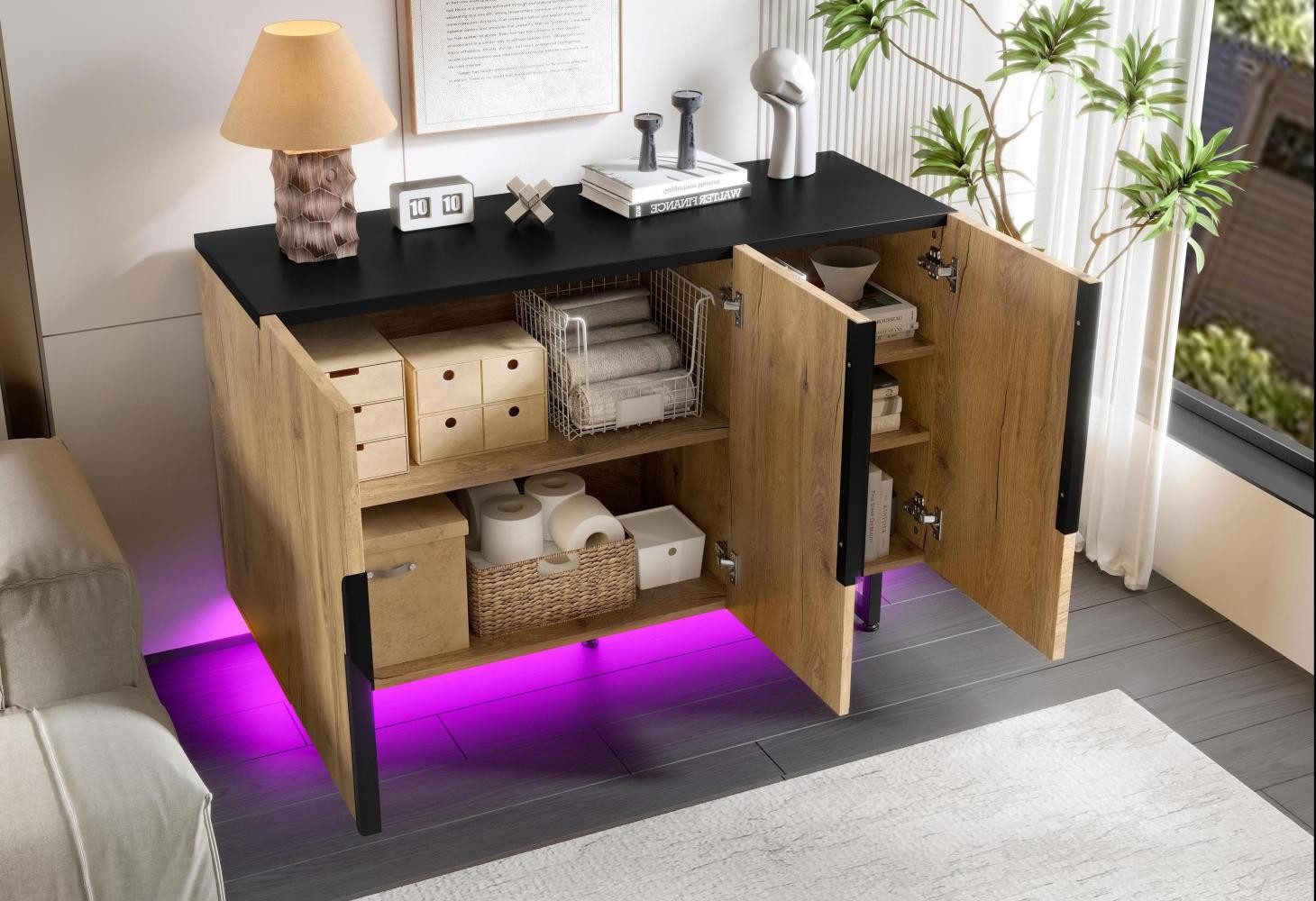 LVHOM Sideboard 120cm x 40cm, großer Stauraum, LED-Beleuchtung, Kommode, Schrank (3 Türen, verstellbaren Einlegeböden, höhenverstellbare Füße (15.5 cm Bodenfreiheit), Retro und praktisches Design), geometrische Griffe, Stabiler Rahmen, Wohnzimmer