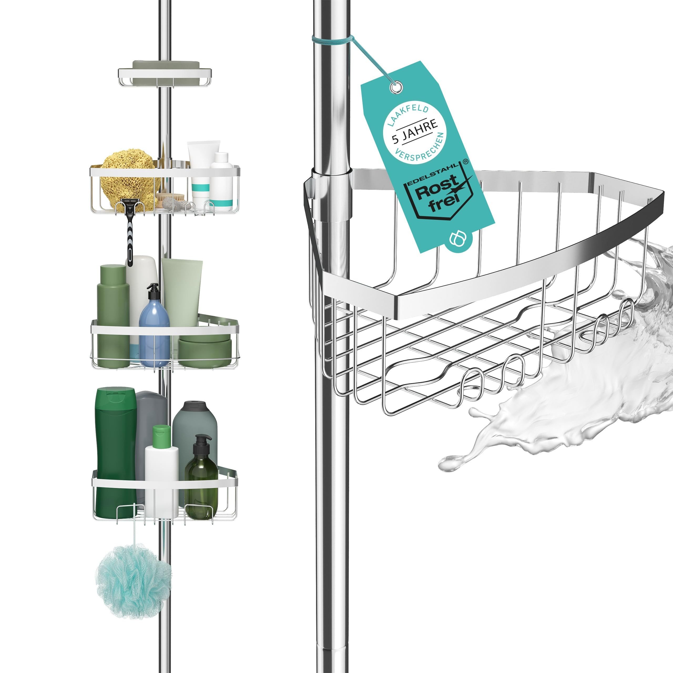 Laakfeld Duschregal Teleskop Duschregal mit 3 Fach Anti-Rost Schutz 105-270cm, - Stabiles & flexibles Teleskop Duschregal ohne Bohren, Teleskopregal Bad 4 Körbe - Klemmregal Dusche und Badewanne
