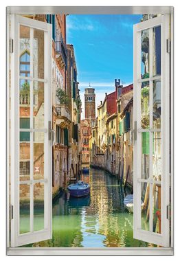 Wallario Wandfolie, Urlaub in Venedig Kanal zwischen bunten Häusern, mit Fenster-Illusion, wasserresistent, geeignet für Bad und Dusche