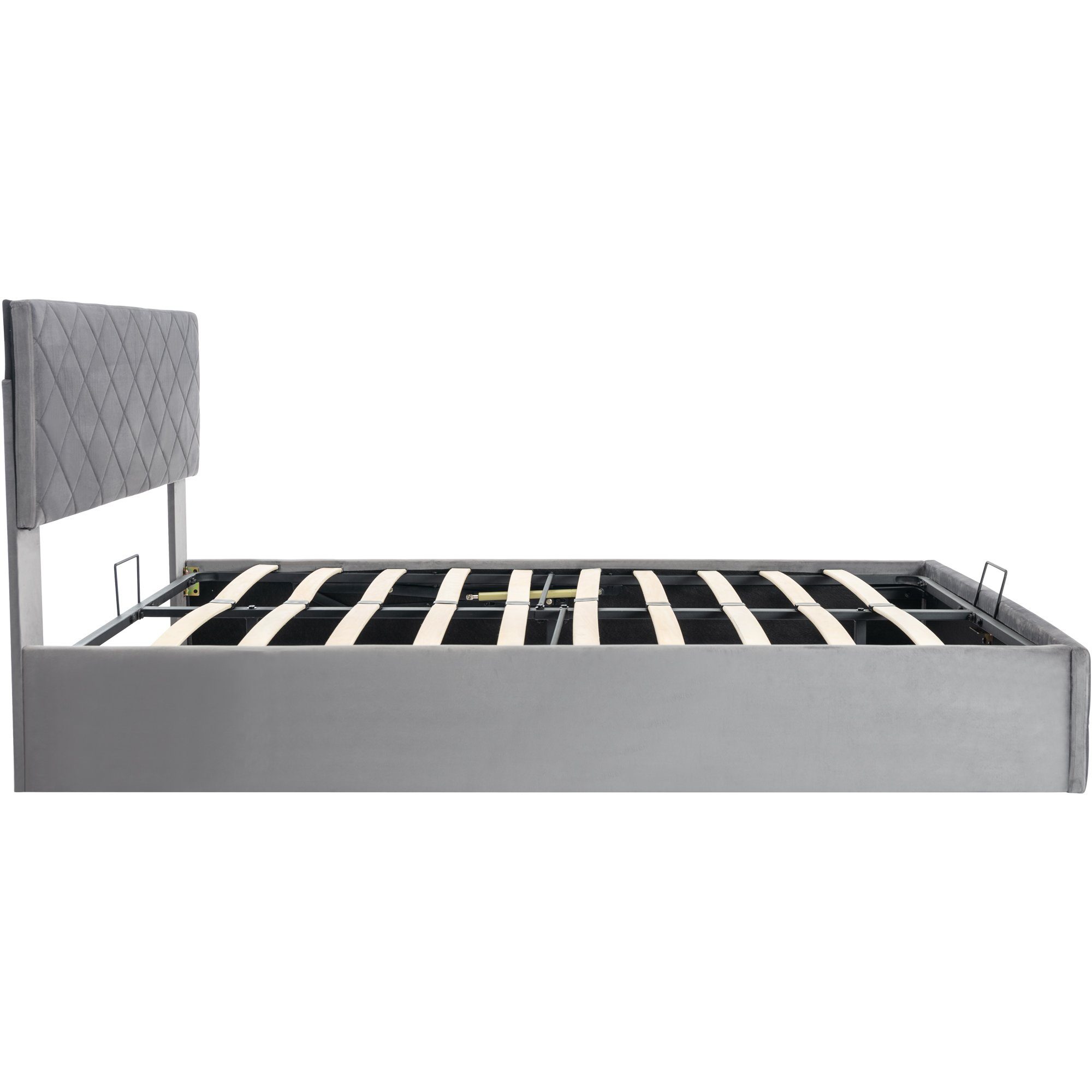Boxspringbett, Hydraulisches Funktionsbett Polsterbett mit Lattenrost und Bettkasten 140x200cm Doppelbett, Grau Samtbezug, Lattenrost aus Holz