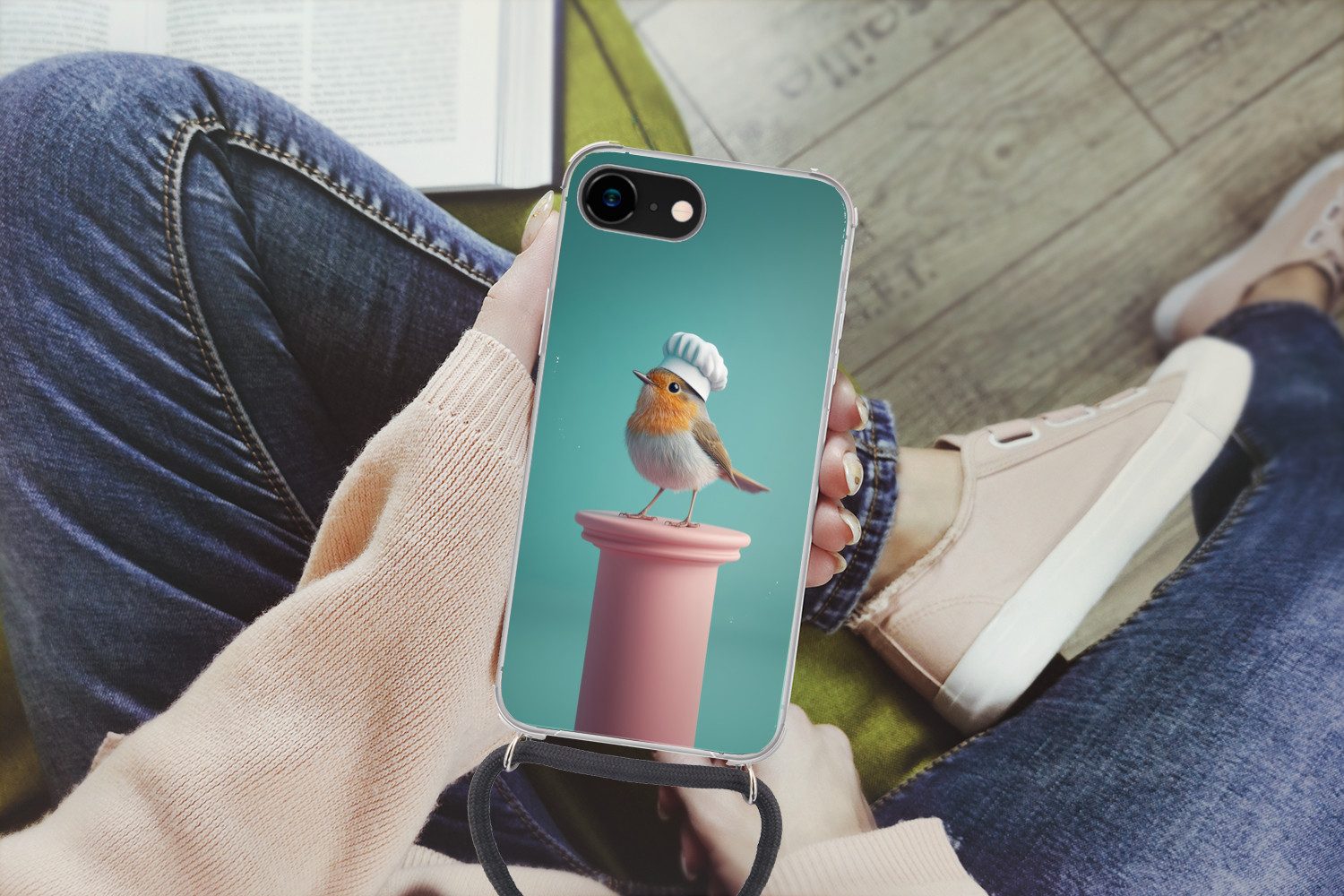 MuchoWow Handyhülle für Apple iPhone 7 Rotkehlchen - Vogel - Kochmütze - Sockel, Tragbare Handyhüllen mit Kette zum umhängen, Handykette Handyband