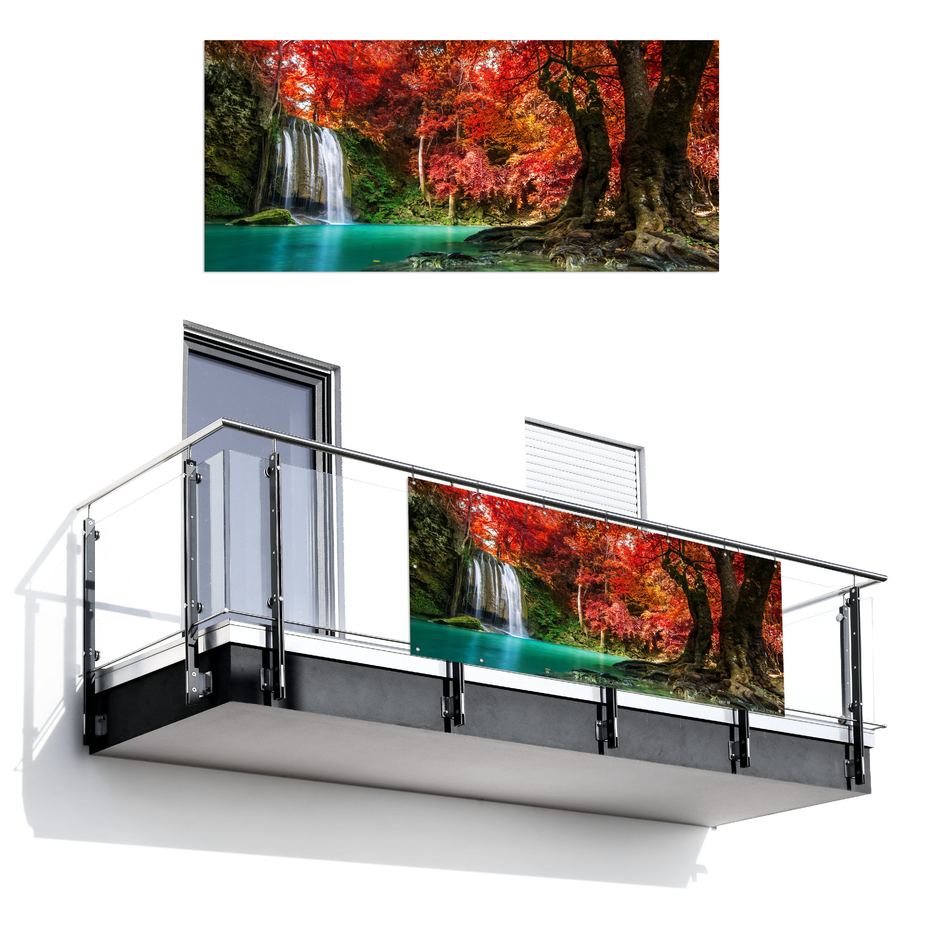 MuchoWow Balkonsichtschutz Wasserfall - Baum - Rot - Herbst - Wasser (1-St) Balkon Sichtschutz 90x200, Windschutz für Zaun PVC, 200x90 cm