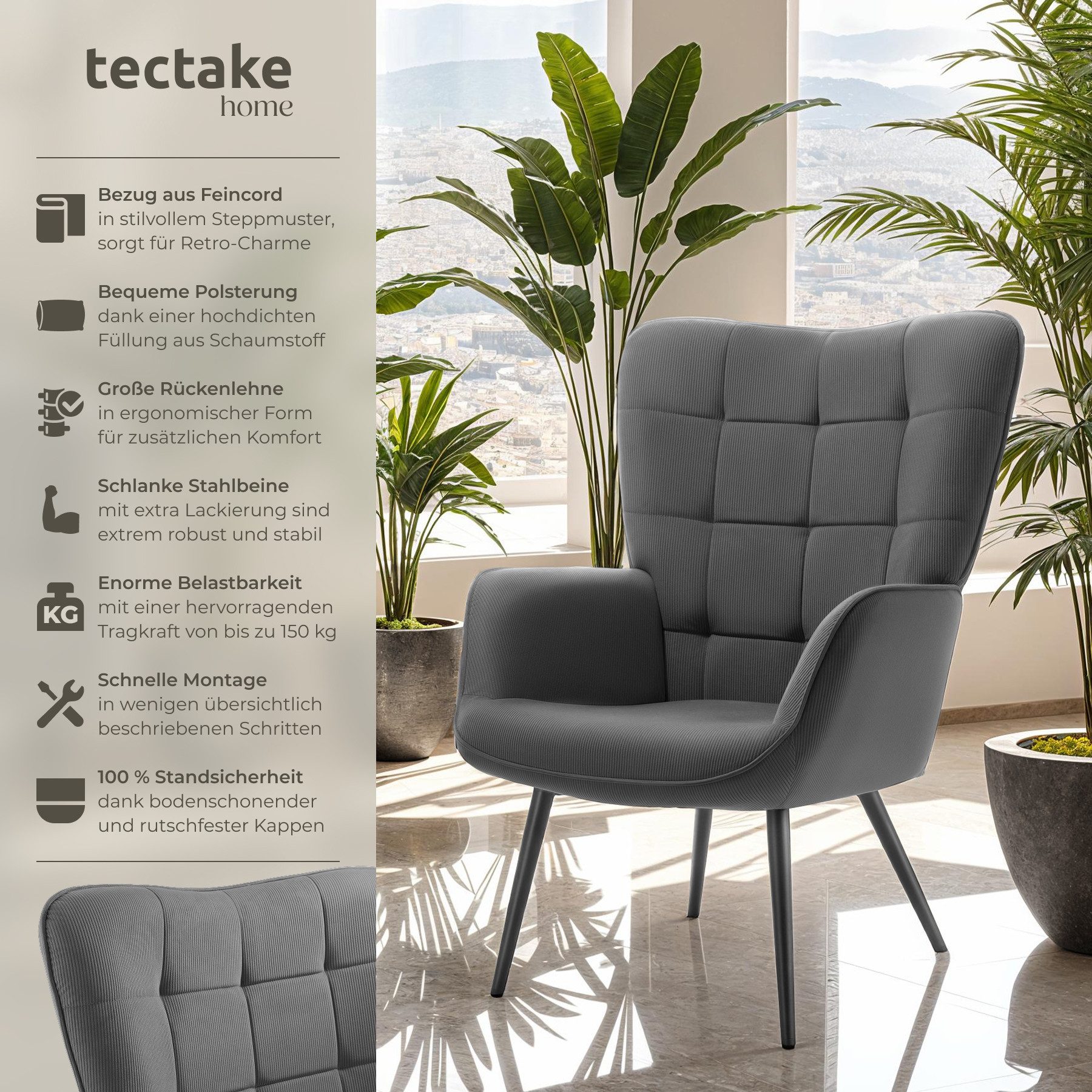 tectake Relaxsessel Sessel Hygge gepolstert, Bouclé-Stoff, Belastbarkeit 15 günstig online kaufen