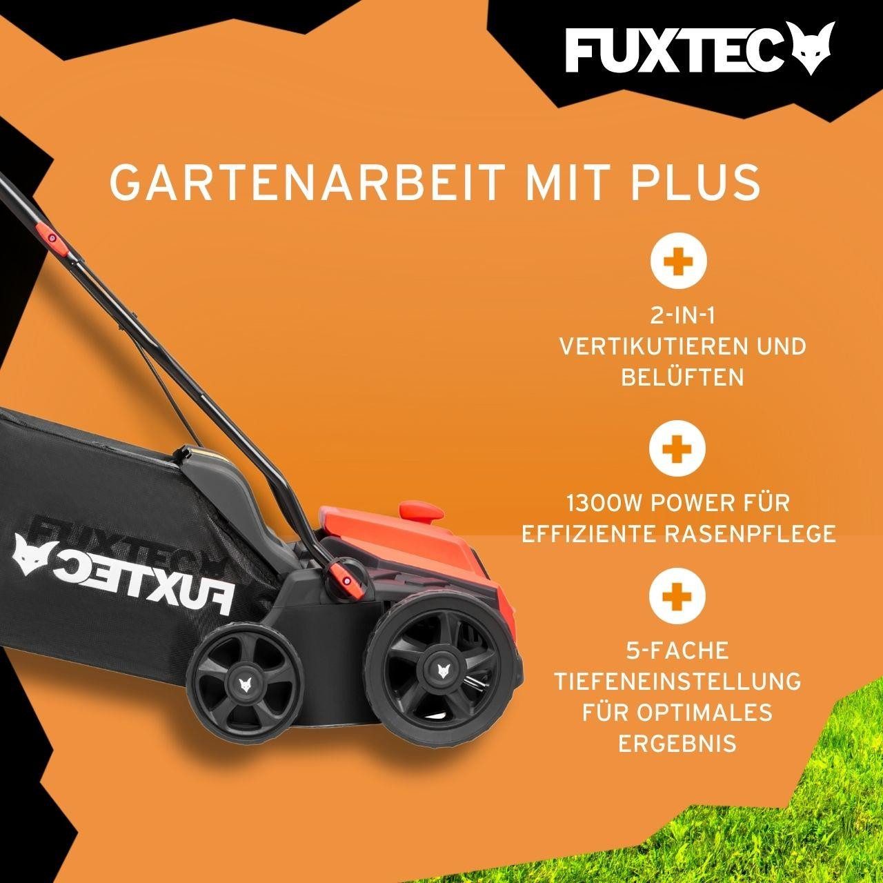 FUXTEC Elektro-Vertikutierer FX-EV320ECO, 32 cm Arbeitsbreite, 1300W Motor, 5-fach Tiefenverstellung (10mm bis -12mm), 40L Fangkorb