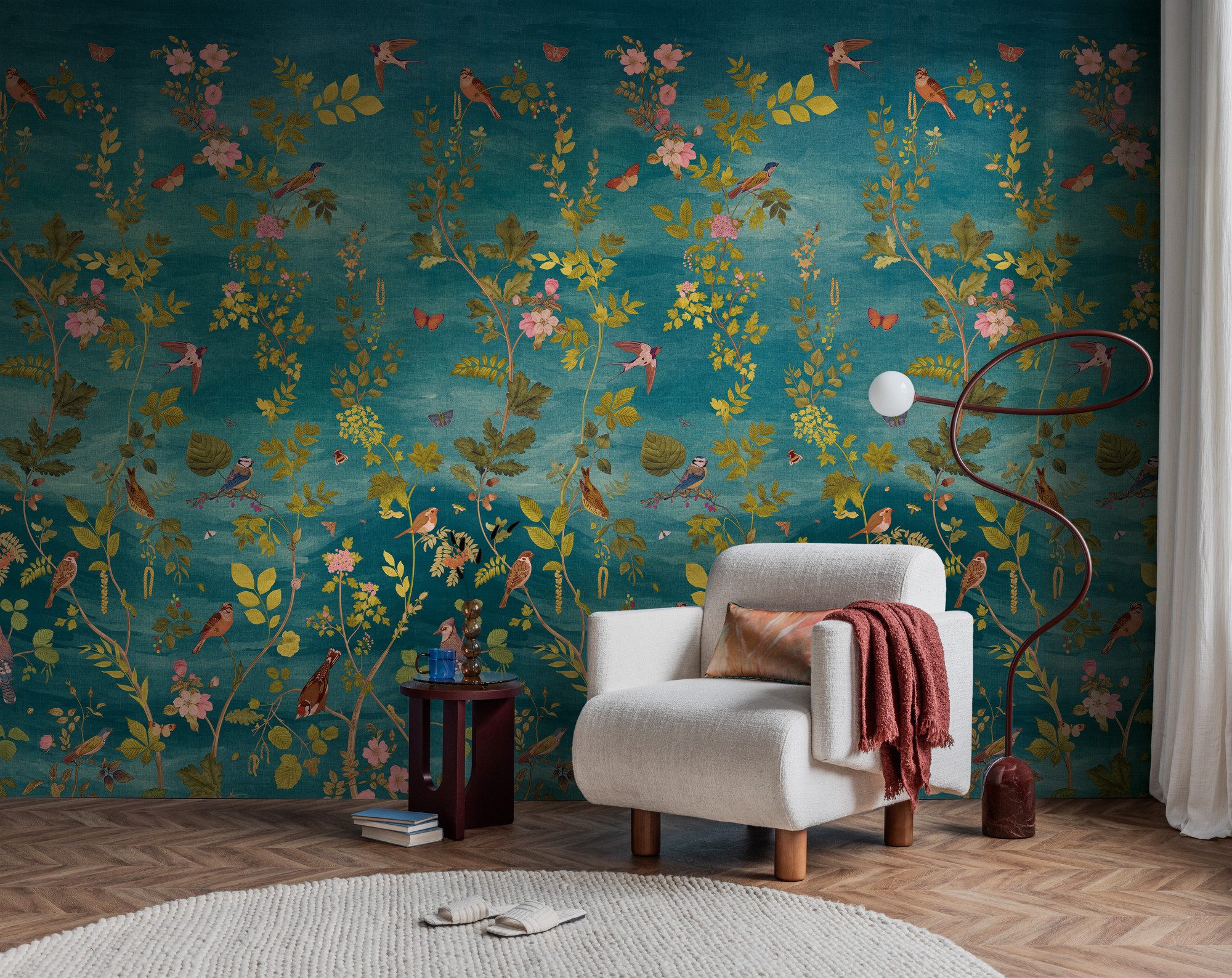 living walls Vliestapete Vibes & Styles Florentina – Botanical Birds Fototapete, leicht strukturiert, floral, (1 St), Naturdesign mit filigranen Ranken, Vögeln und lebendiger Tiefe