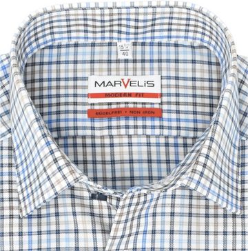 MARVELIS Businesshemd Businesshemd - Modern Fit - Langarm - Kariert - Blau/Braun/Weiß