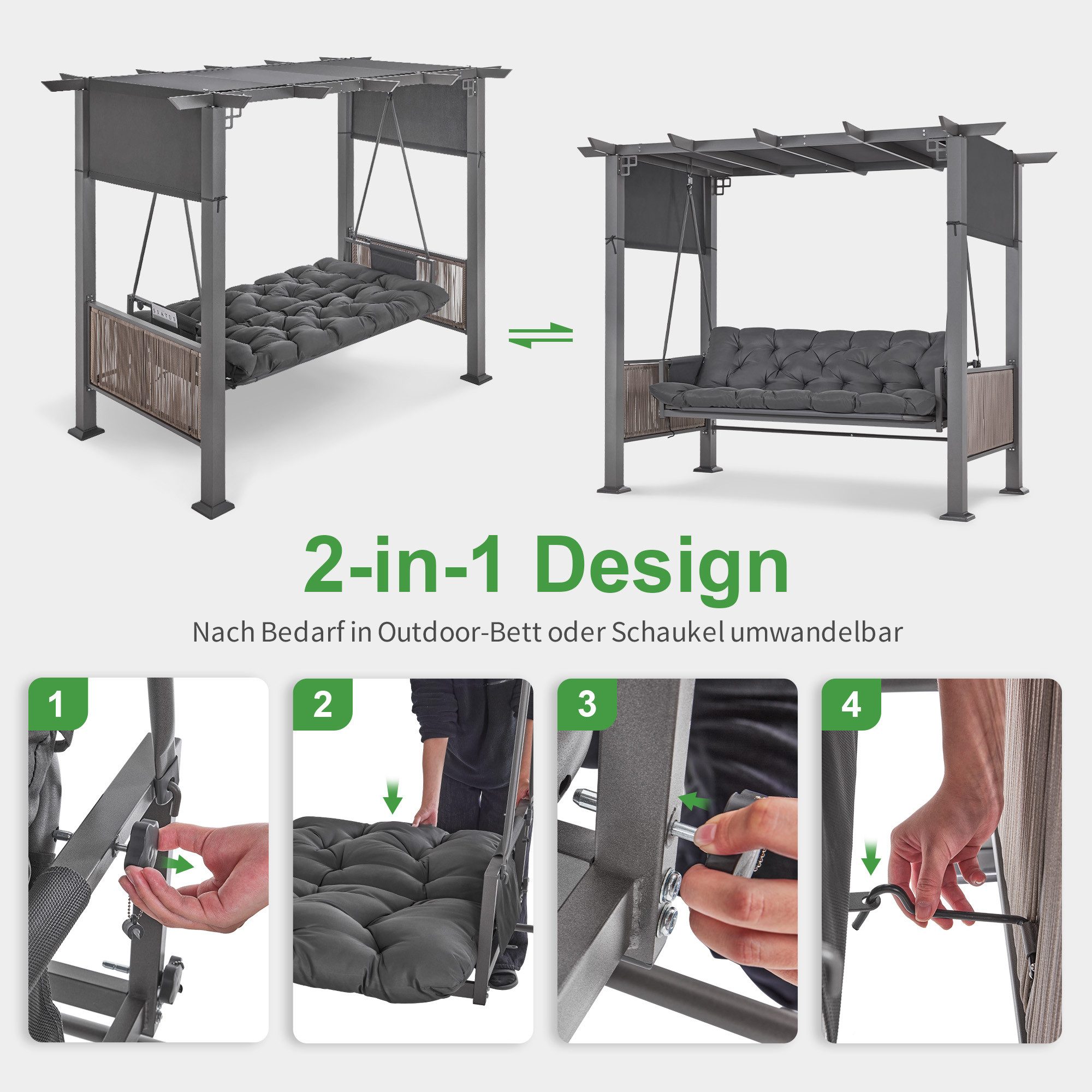 MCombo Hollywoodschaukel M MCombo Pergola Hollywoodschaukel mit Liegefunktion 4067, 3-Sitzer, Gartenpavillon, mit Ausziehbarem Sonnendach, Extradickem Sitzkisse – Bild 5 von 5