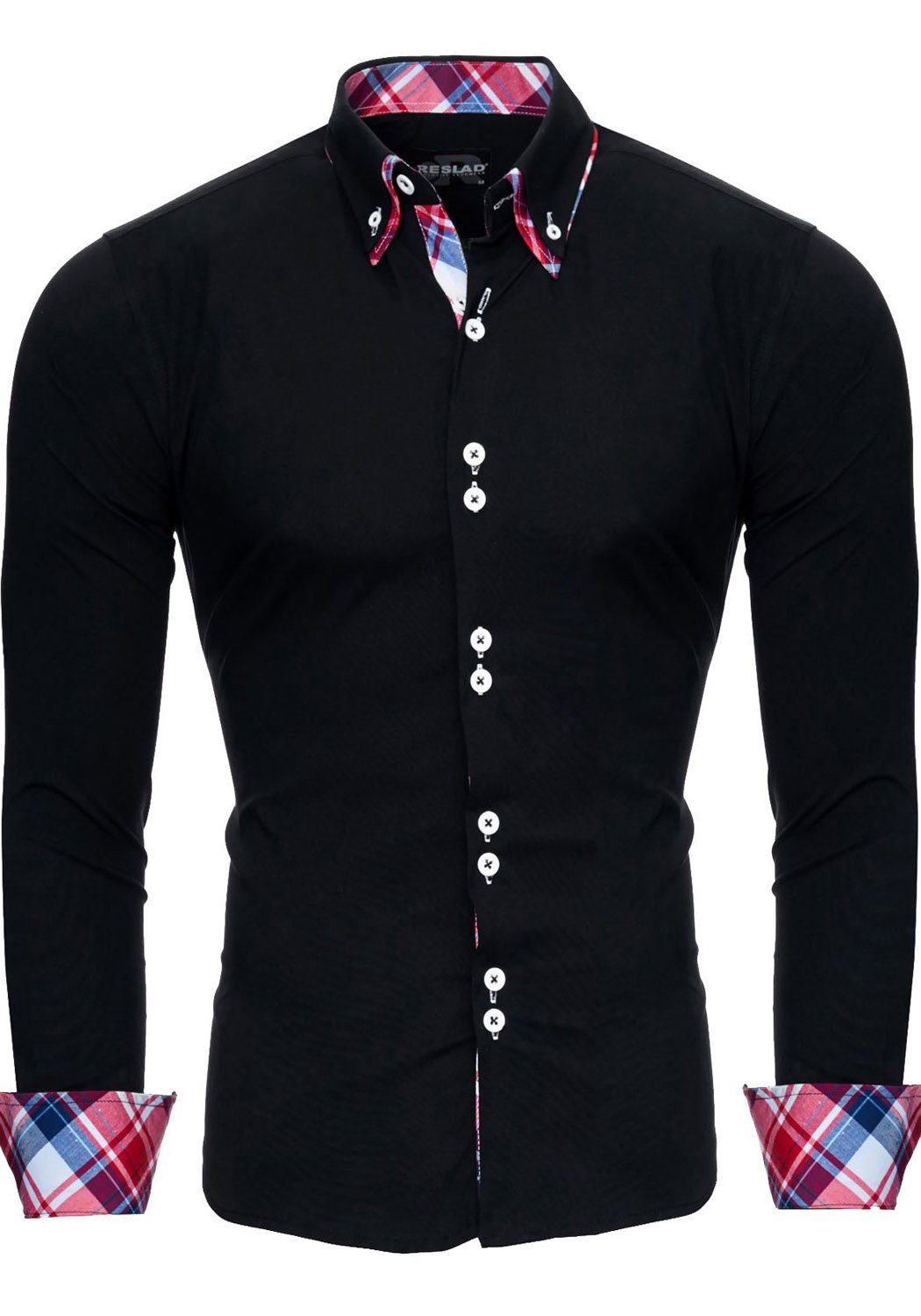 Reslad Langarmhemd »Reslad Herren Hemd Button-Down Slim Fit Kontrast« (Hemd)  Doppelkragen Kontrast Karo Muster Hemden