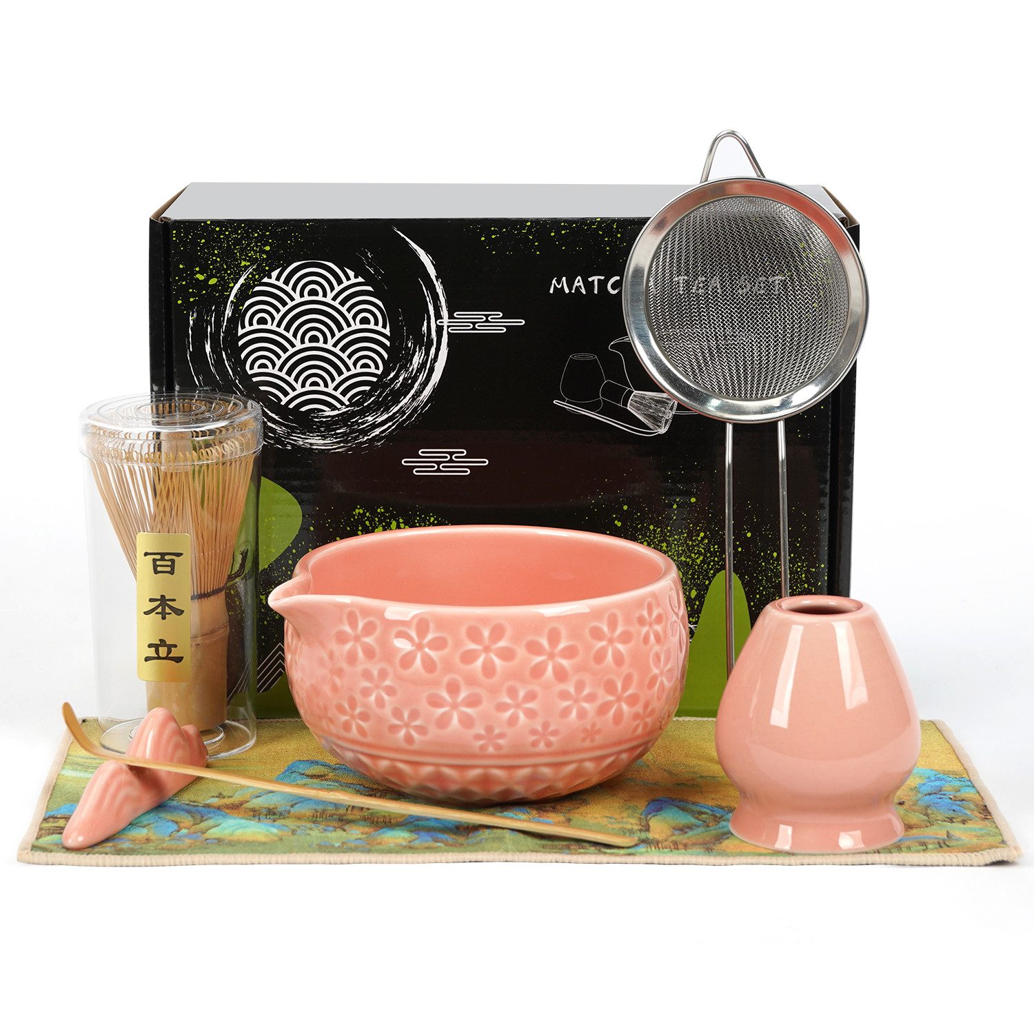 OSTWOLKE Teeservice Matcha Set 7-Teiliges Keramik, Bambusbesen, Schale & Zubehör, Matcha Tee Set für Matcha-Liebhaber