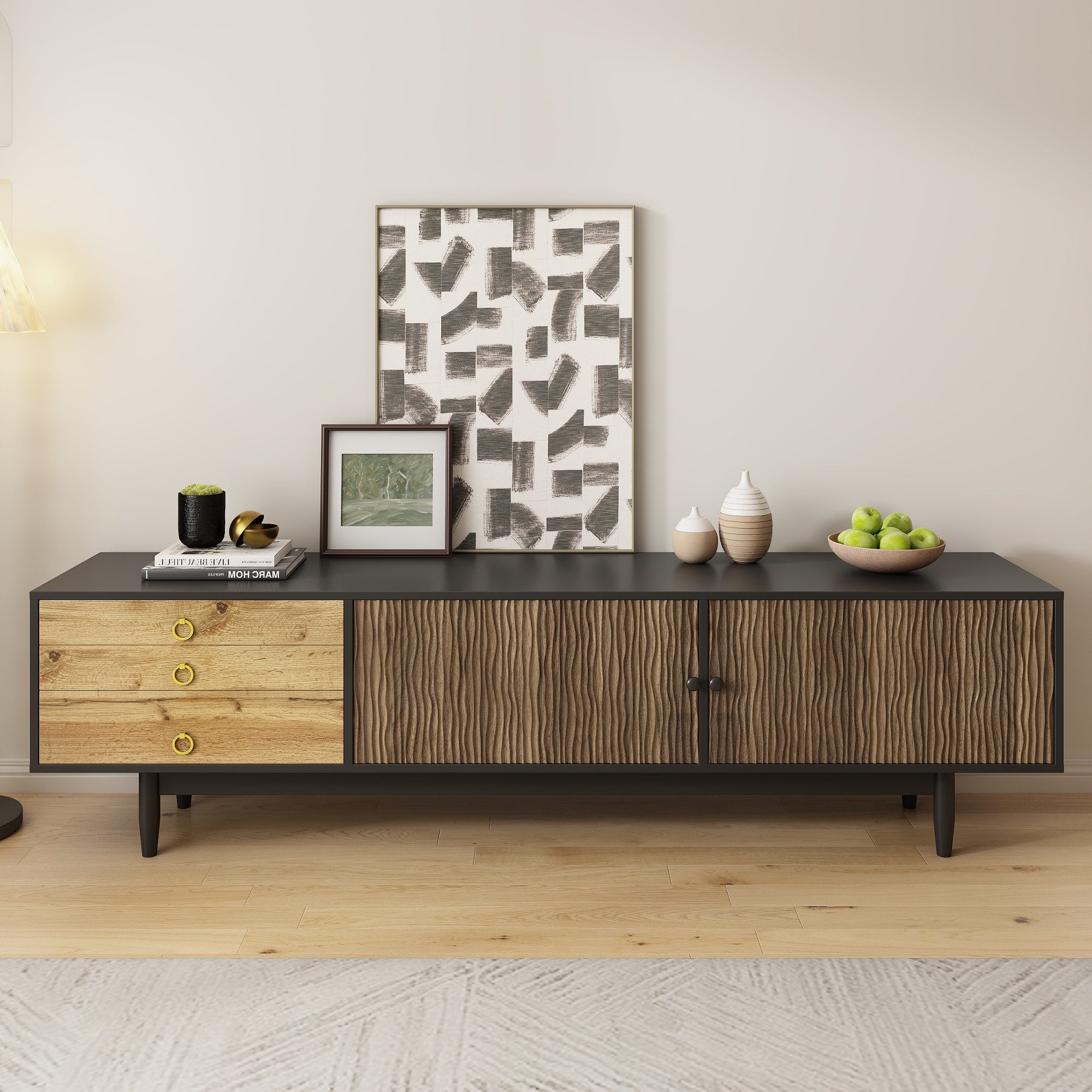 Merax Lowboard in Schwarz & Holzfarbe (180×38×50 cm, 1 St), TV-Schrank mit 3 Schubladen, Wellenmuster-Türen & Massivholzbeine