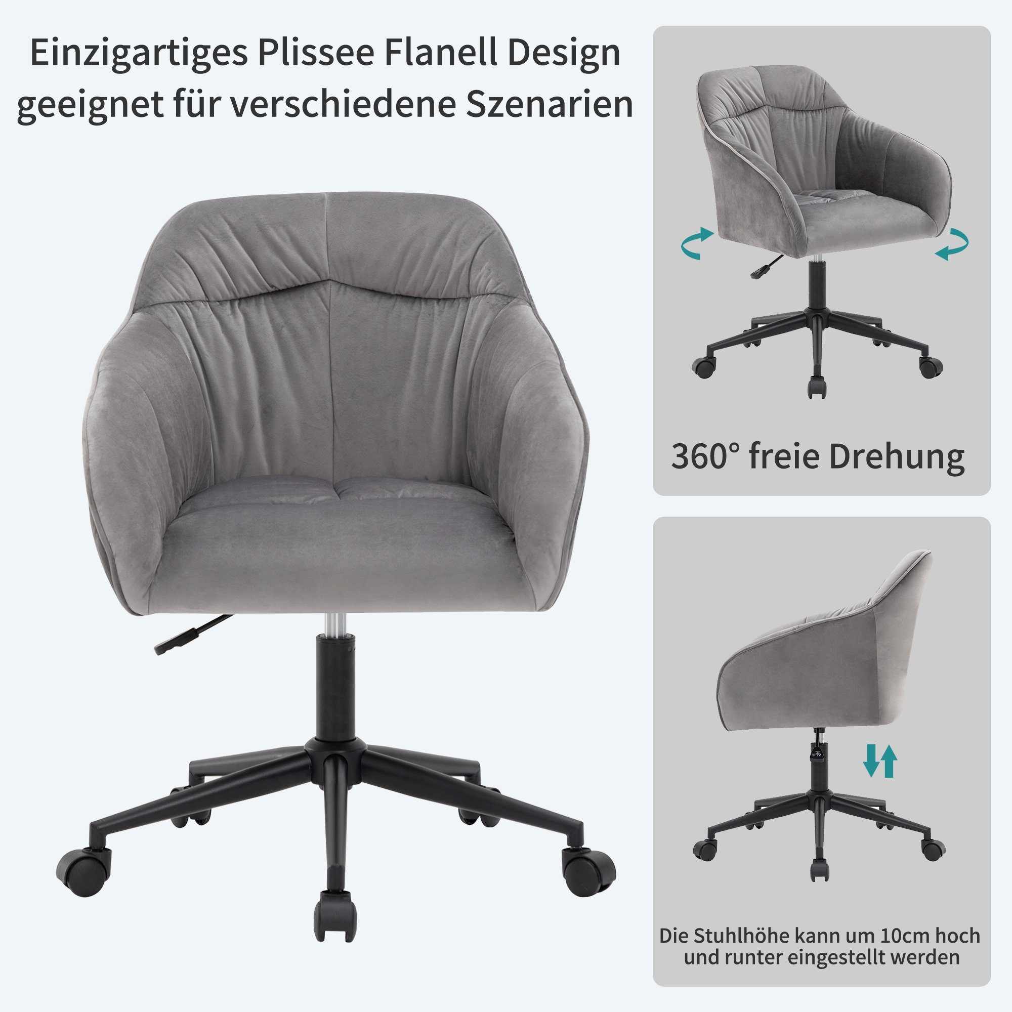 Flieks Bürostuhl (1 | schwarz mit Armlehnen höhenverstellbar Grau Drehstuhl Samt St), Schreibtischstuhl