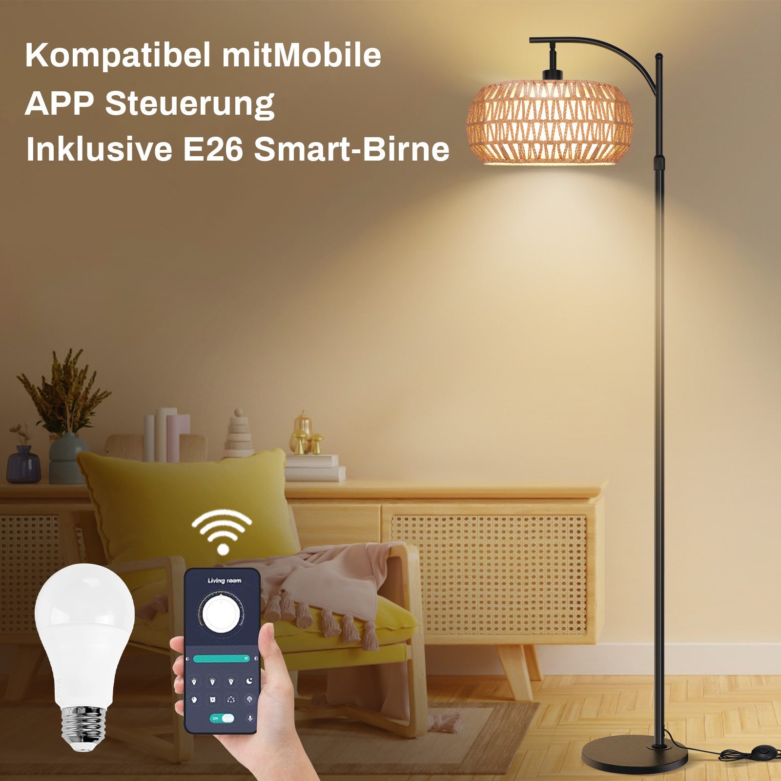 Sunicol LED Stehlampe Doppelter Lampenschirm Stehlampe mit Fernbedienung und Smart Glühbirne, Dimmbar Rattan Stehlampe, App-Steuerung, für Wohnzimmer Schlafzimmer
