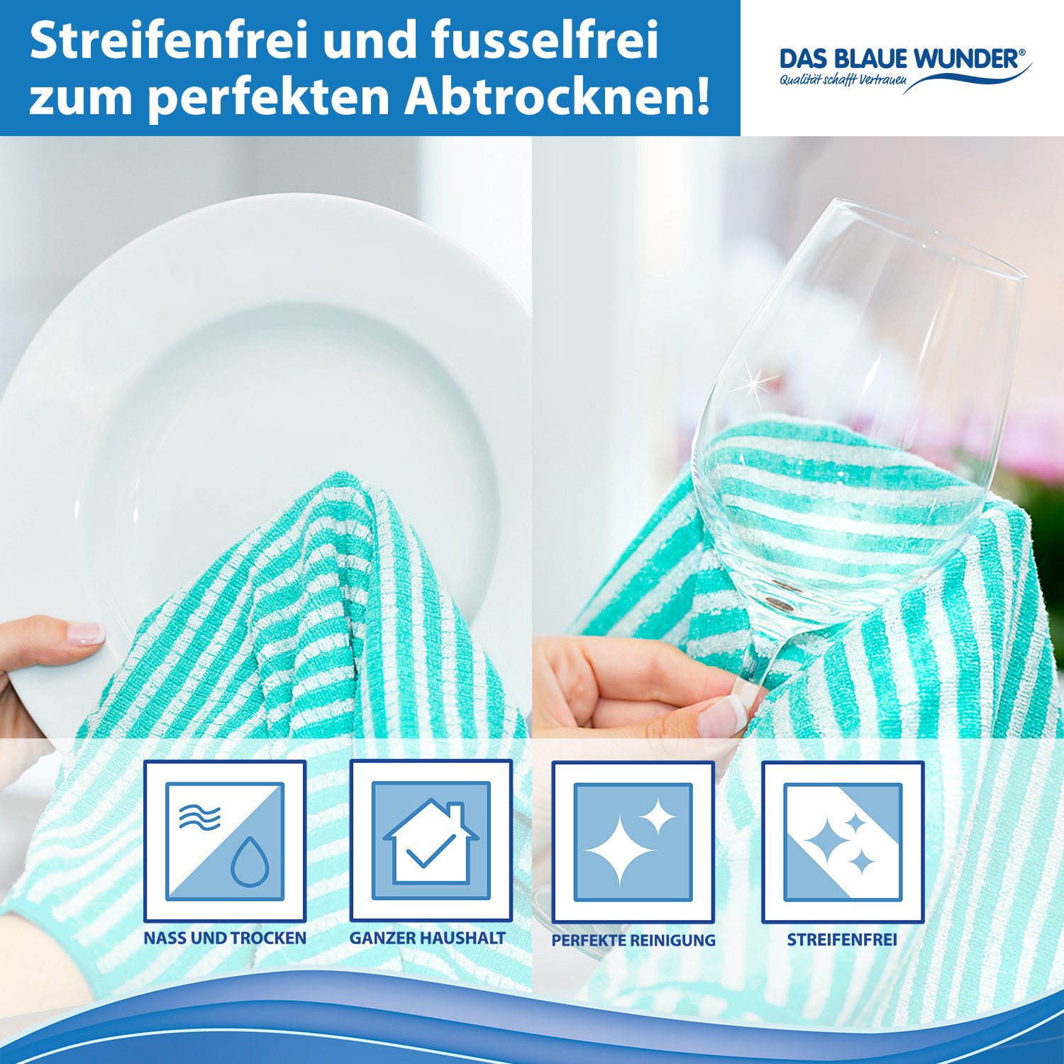 Das Blaue Wunder® Geschirrtuch EXTRA Premium aus Bambusfasern für Küche und Haushalt, (Set in 40 x 70cm), Reinigen und Trocknen, Streifen- und fusselfrei, Waschbar bis 95°C