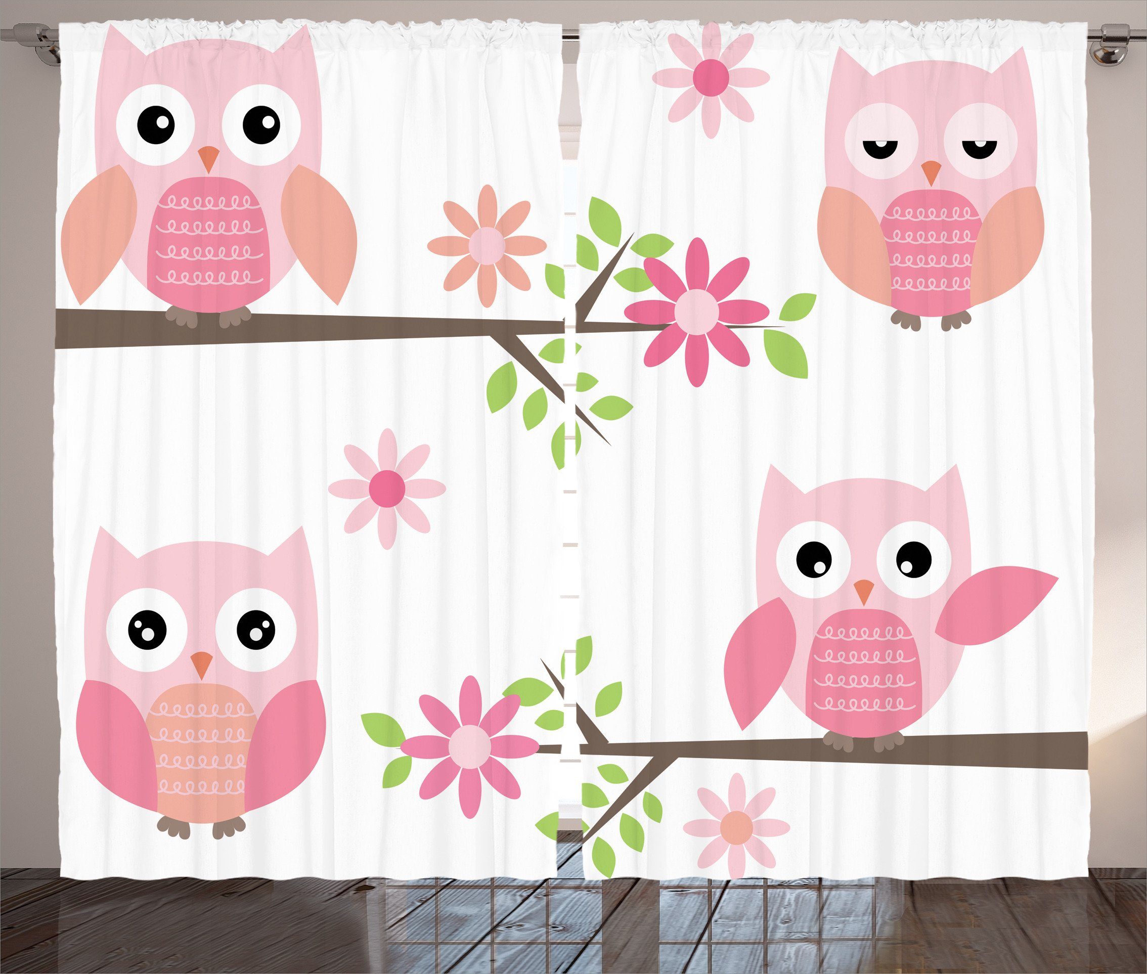 Gardine Schlafzimmer Kräuselband Vorhang mit Schlaufen und Haken, Abakuhaus, Eule Frühlings-Blumenbaby-Eulen