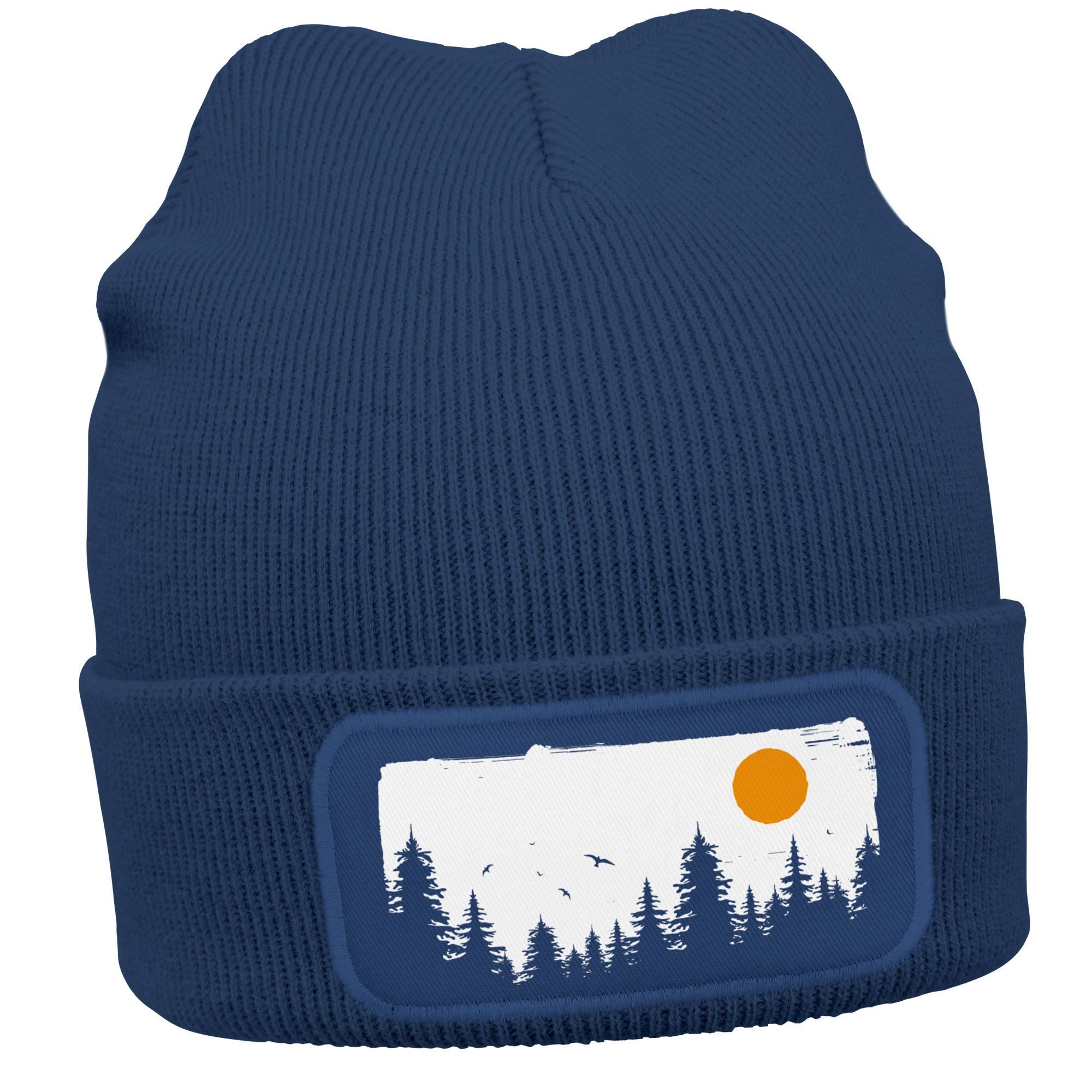 Strickmütze Damen Beanie mit Patch Wald Natur Outdoor Aufdruck Print Wintermütze