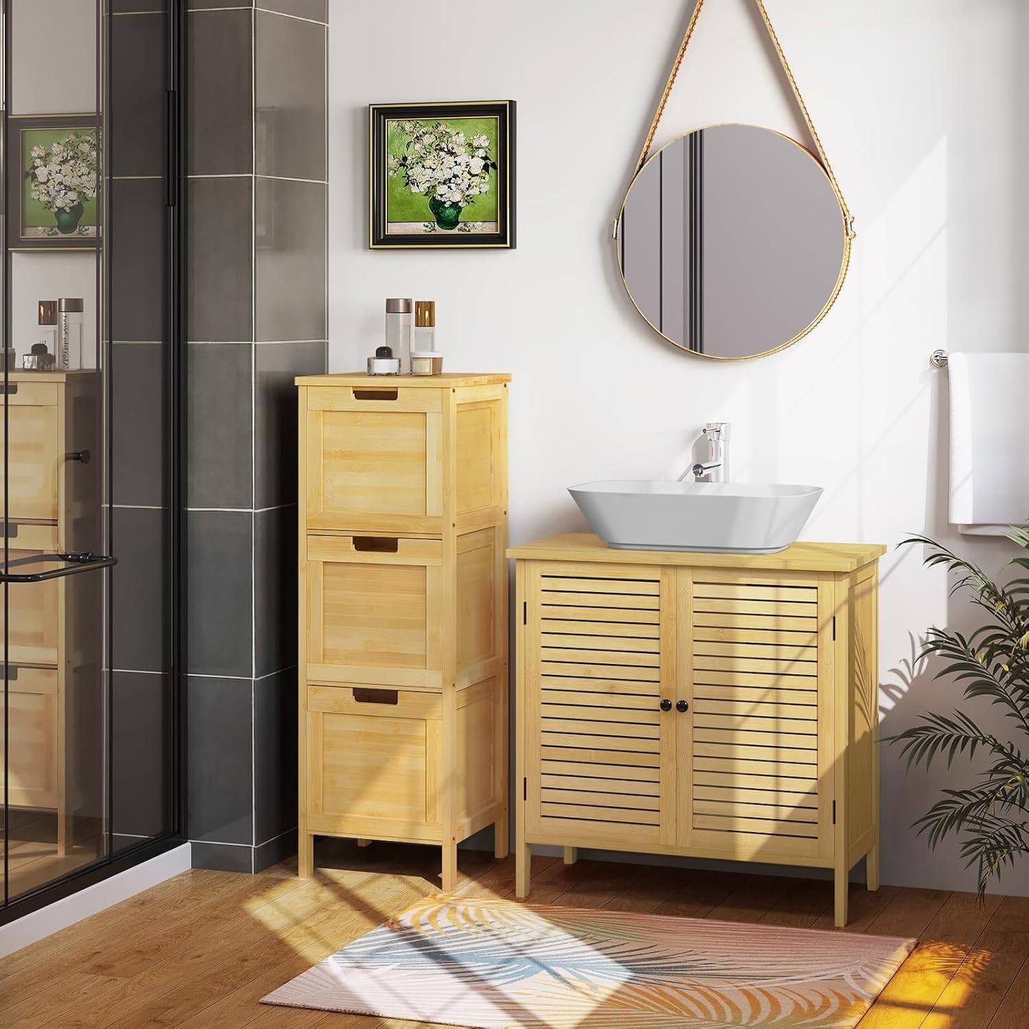 EUGAD Badkommode (1 St), Badezimmerschrank schmal, mit 3 Schubladen, aus  Bambus