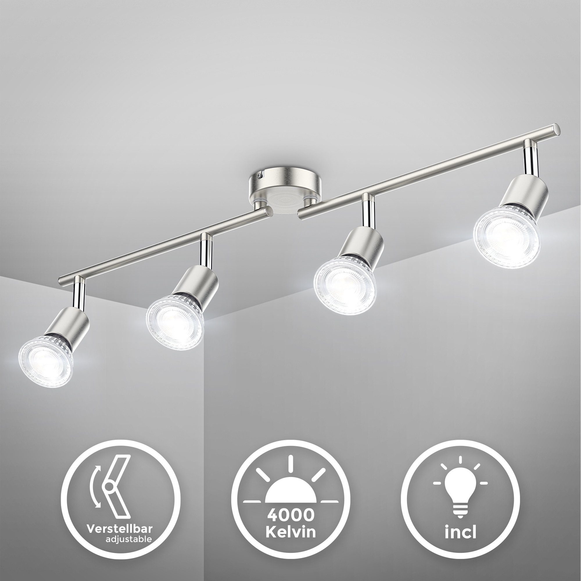 B.K.Licht Deckenleuchte, LED wechselbar, 4-flammig, LED Deckenlampe, dreh-  schwenkbar, neutralweiß, matt-nickel