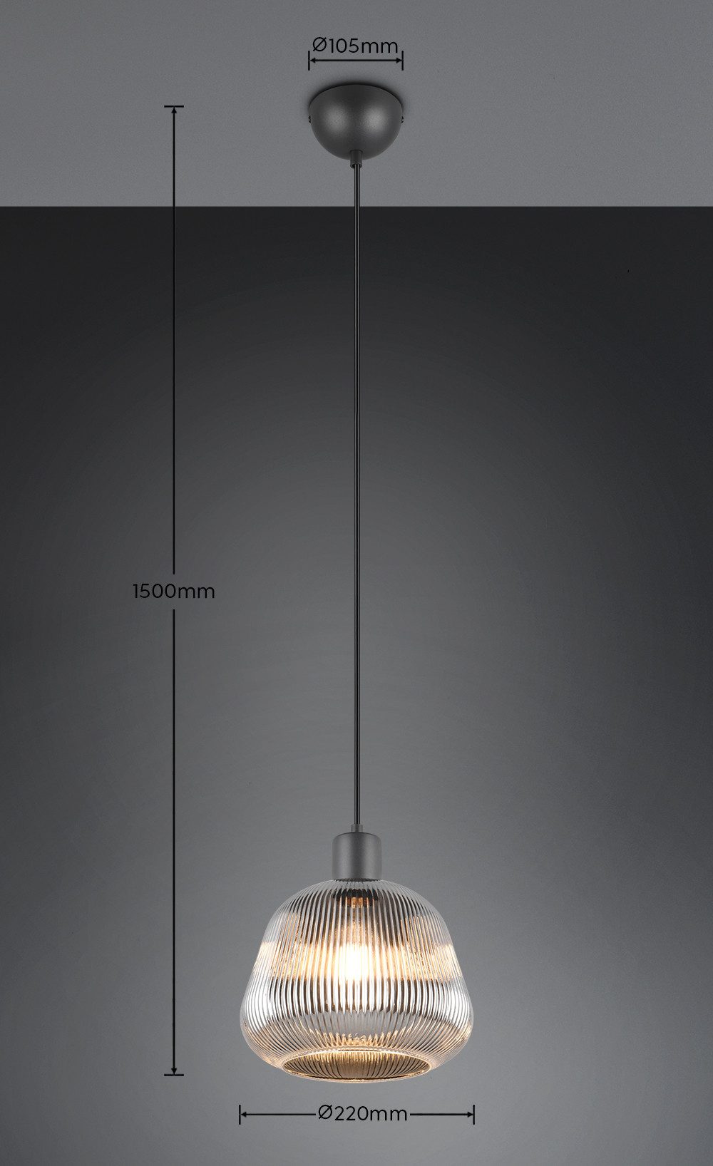 TRIO Leuchten Pendelleuchte TARIFA, 1-flammige Hängeleuchte exkl 1xE27 max 25W, Glas Hängelampe, Leuchtmittel wechselbar, warmweiß - kaltweiß, höhenverstellbar max 150cm Glas in Riffeloptik und leicht verspiegelt