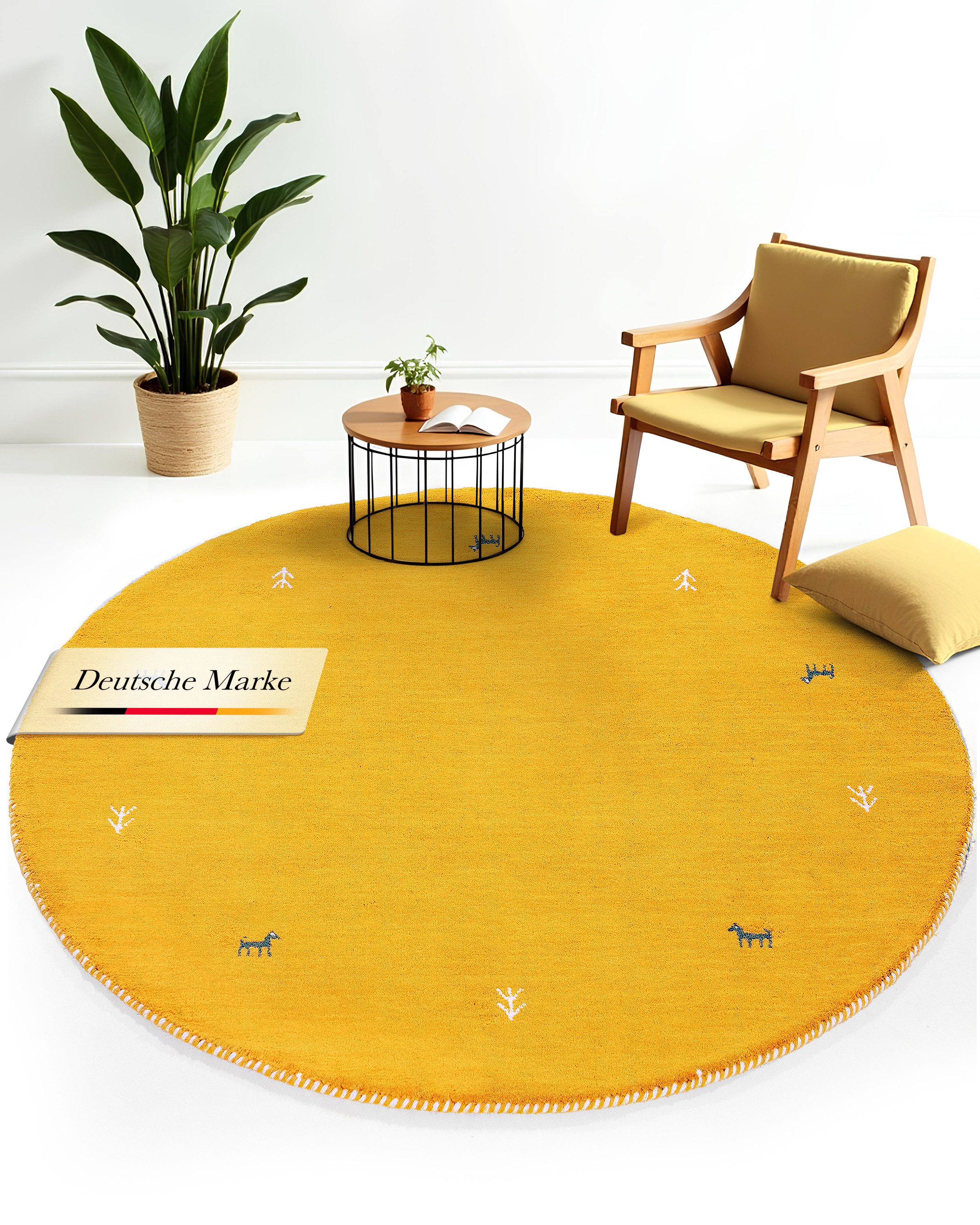 carpetfine Wollteppich Gabbeh Uni, rund, Höhe: 15 mm, reine Wolle handgewebt, Gabbeh Tiermotiv warmes Raumklima viele Größen