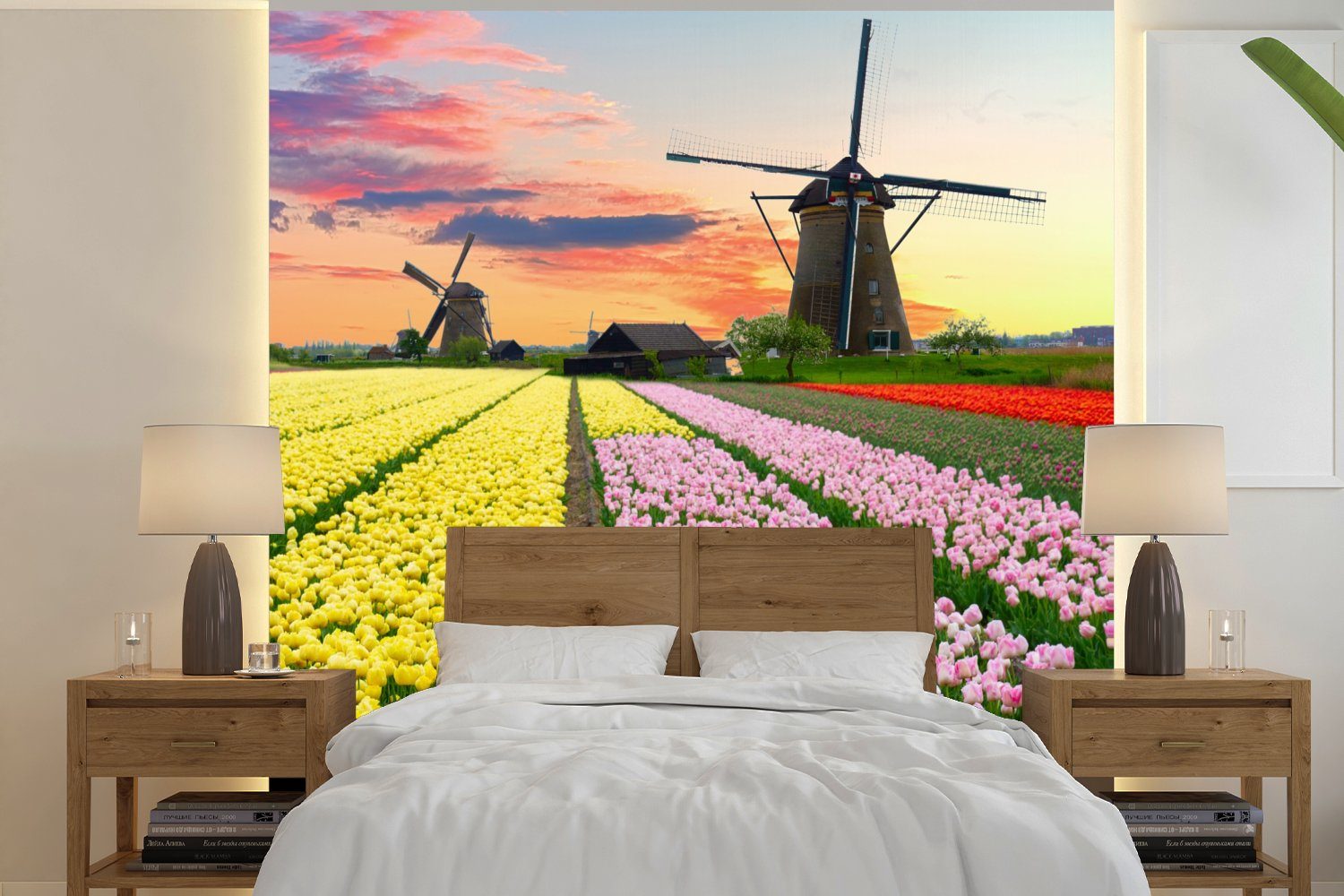 Schlafzimmer, Fototapete Natur, Tulpen Wandtapete für Tapete MuchoWow - Windmühle - oder Matt, bedruckt, Vinyl Wohnzimmer St), (5