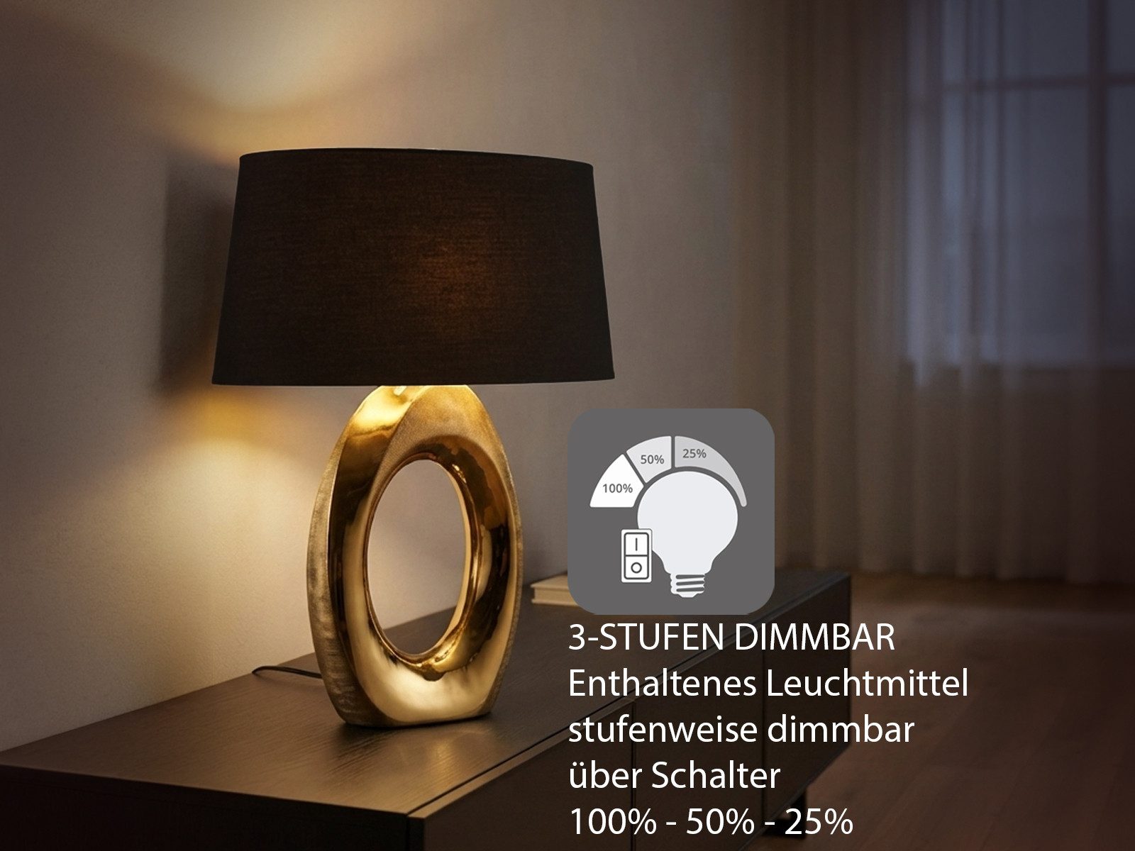 Reality Leuchten LED Tischleuchte mit Keramik Fuß & Stoffschirm, Höhe 52cm, dimmbar, LED wechselbar, Warmweiß, große ausgefallene Nacht-Tischlampe mit E27 LED – Bild 4 von 5