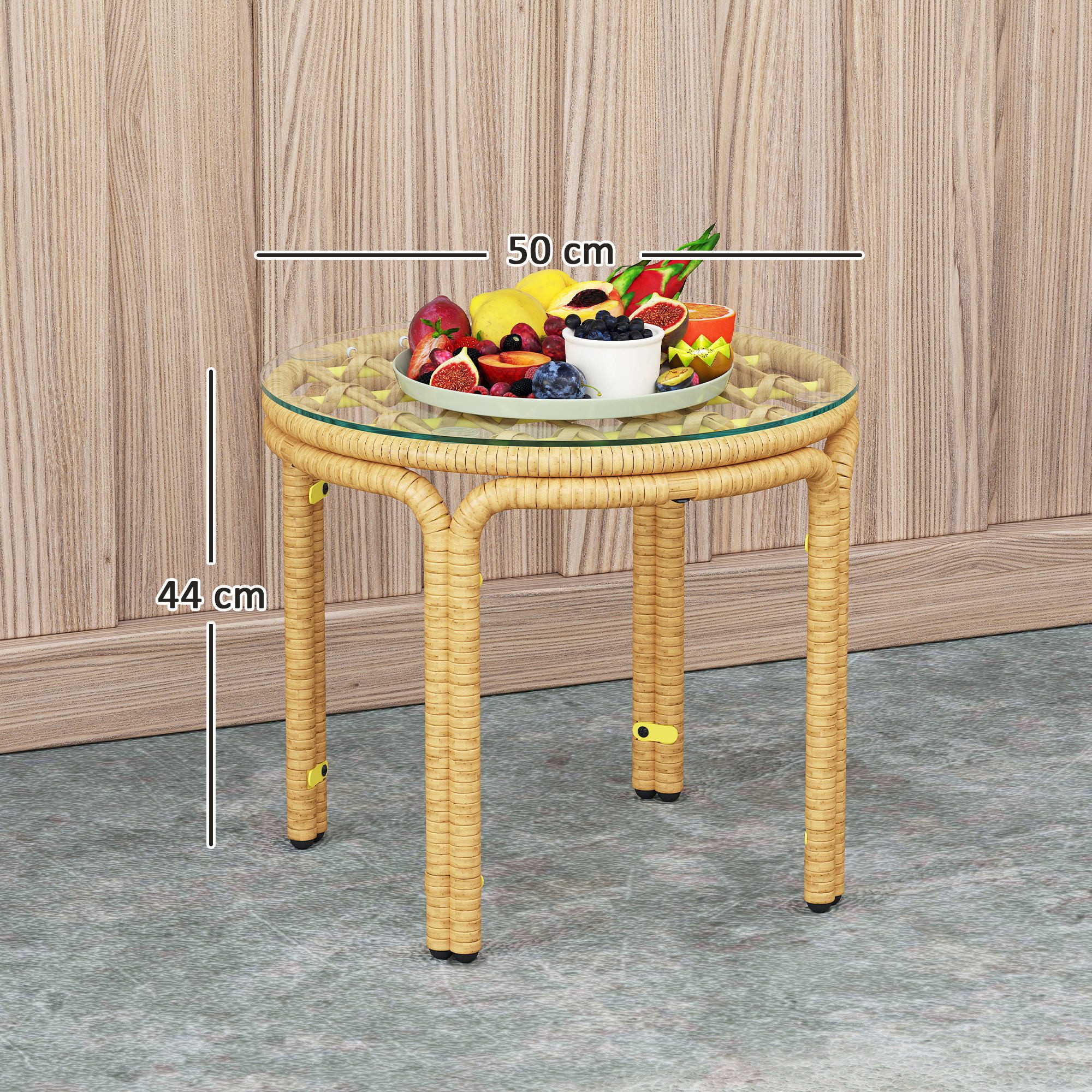 Outsunny Beistelltisch mit Glas Tischplatte (Gartentisch aus Polyrattan, 1-St., runder Couchtisch), für Wohnzimmer Garten Terrasse Balkon, Ø50 cm Gelb
