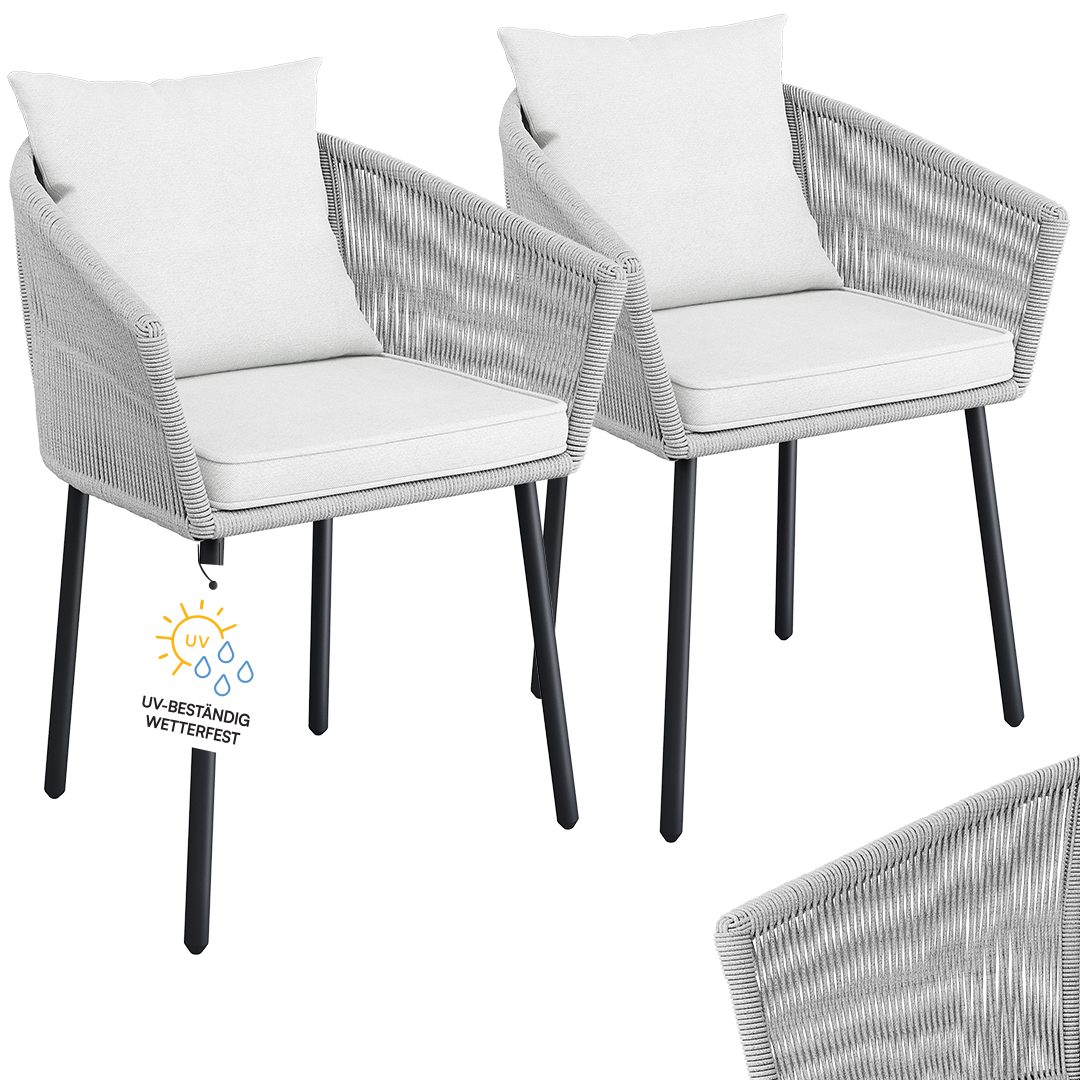 STEELSØN Gartenstuhl Nair mit Sitzauflagen & Kissen (2er Set, hellgrau), Gartensessel aus Polyrattan, elastisches Seilgeflecht, wetterbeständig