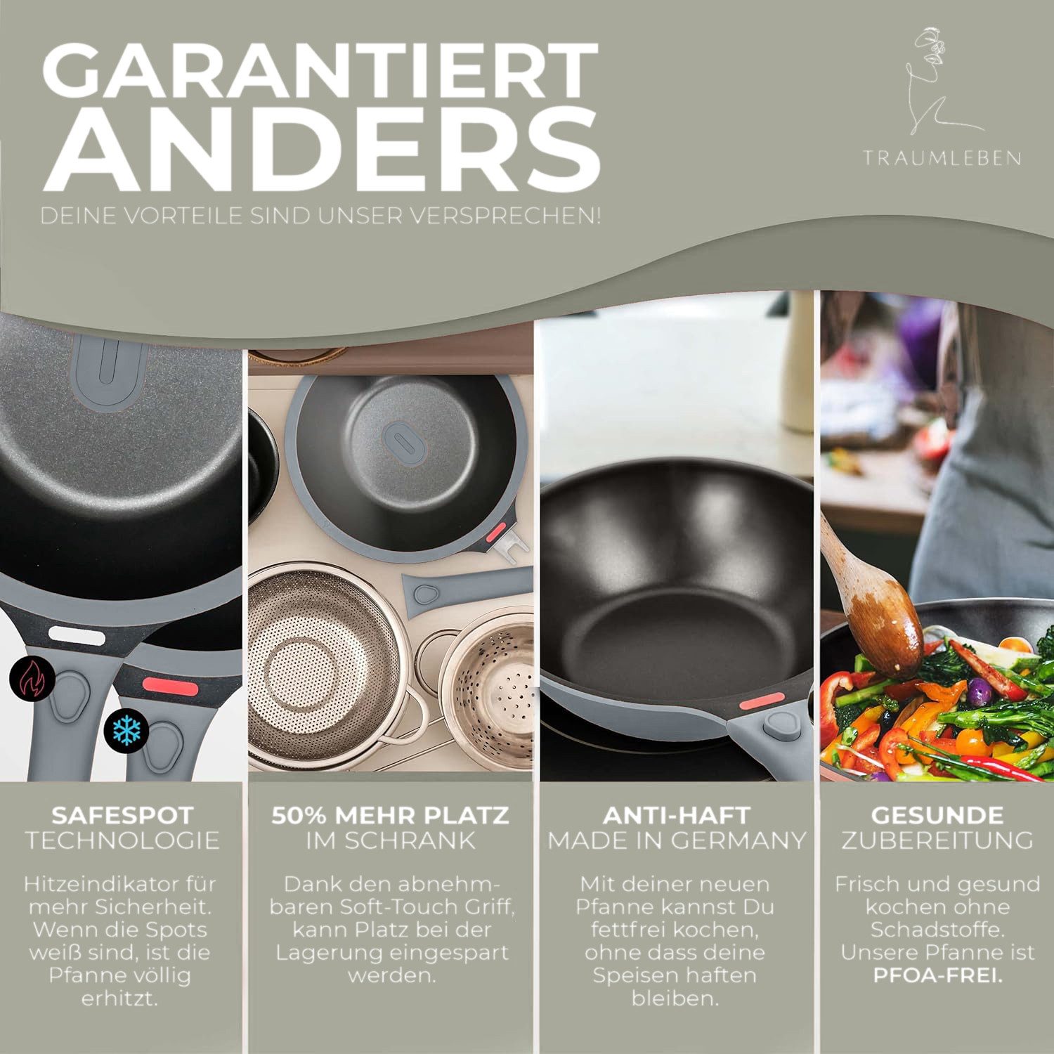 TRAUMLEBEN Wok 28 cm Wokpfanne mit Deckel, abnehmbarer Griff, Antihaftbeschichtung, aus Aluminium, für Induktion geeignet, backofenfest, hoher Rand
