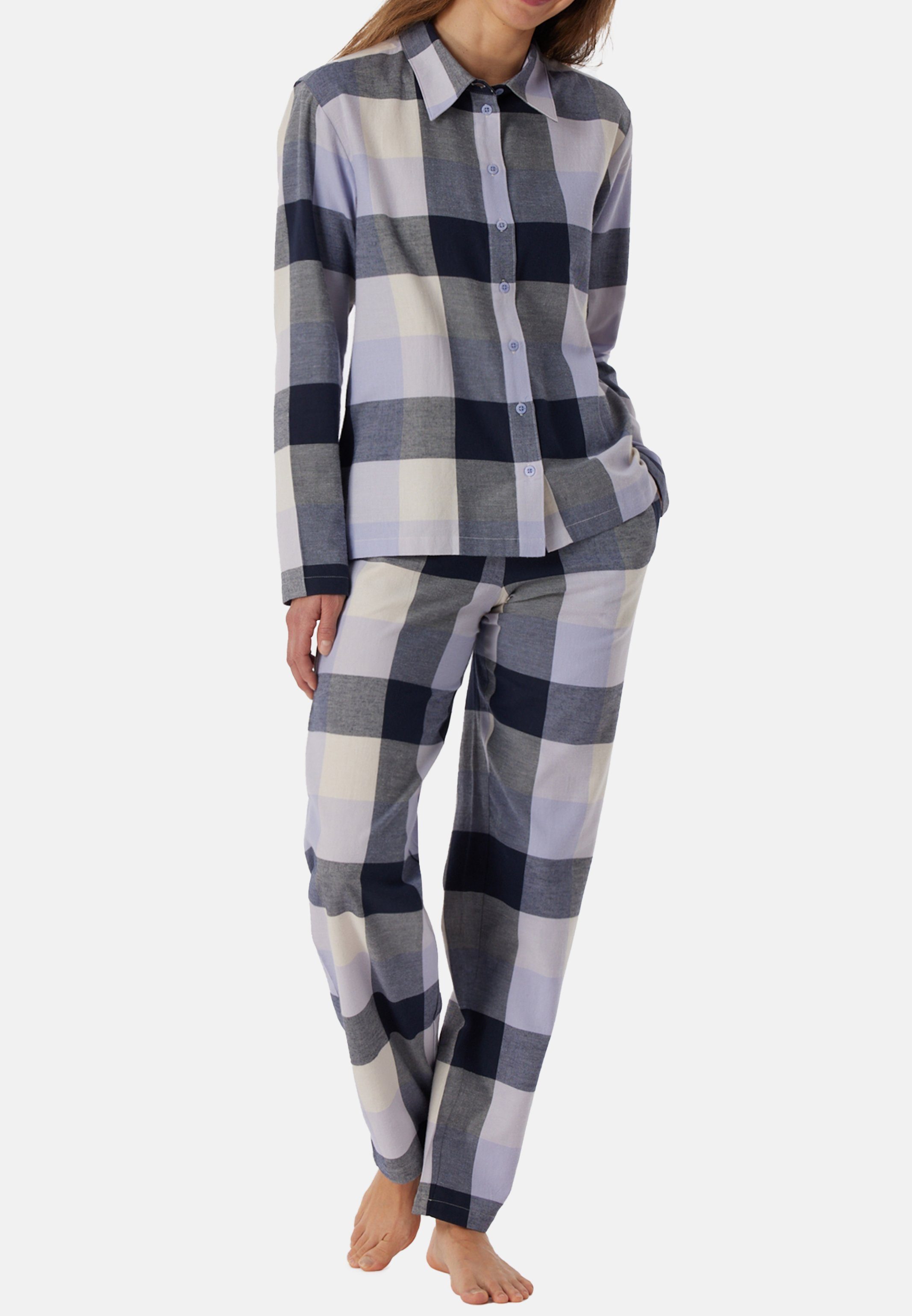 - Reverskragen Web Graublau mit und Pyjama Schiesser Baumwolle Knopfleiste Oberteil - 2 Cotton Premium tlg) Selected! Organic (Set, Pyjama